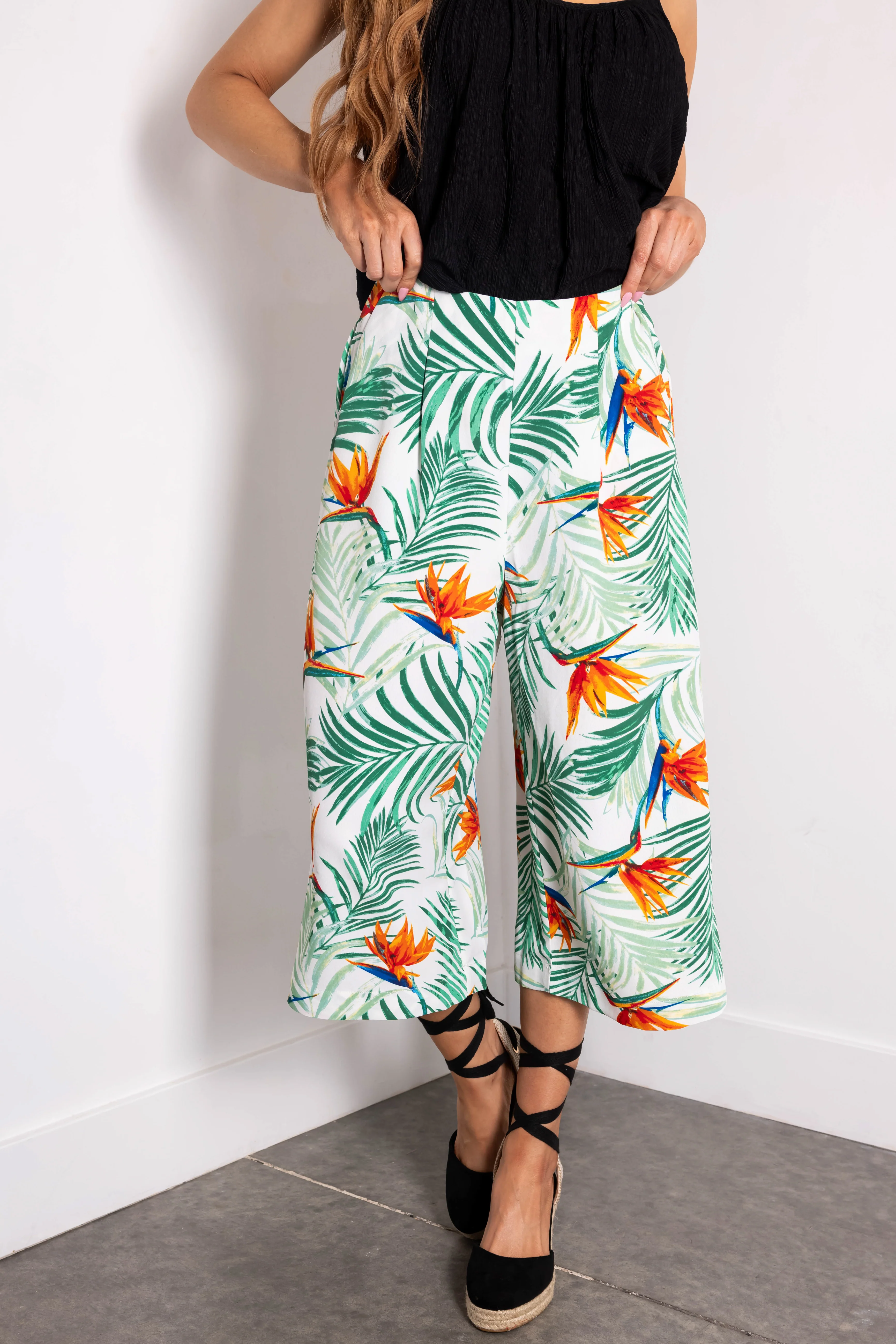 Jade Tropical Print Cropped Wide Leg Pants - LD SALE