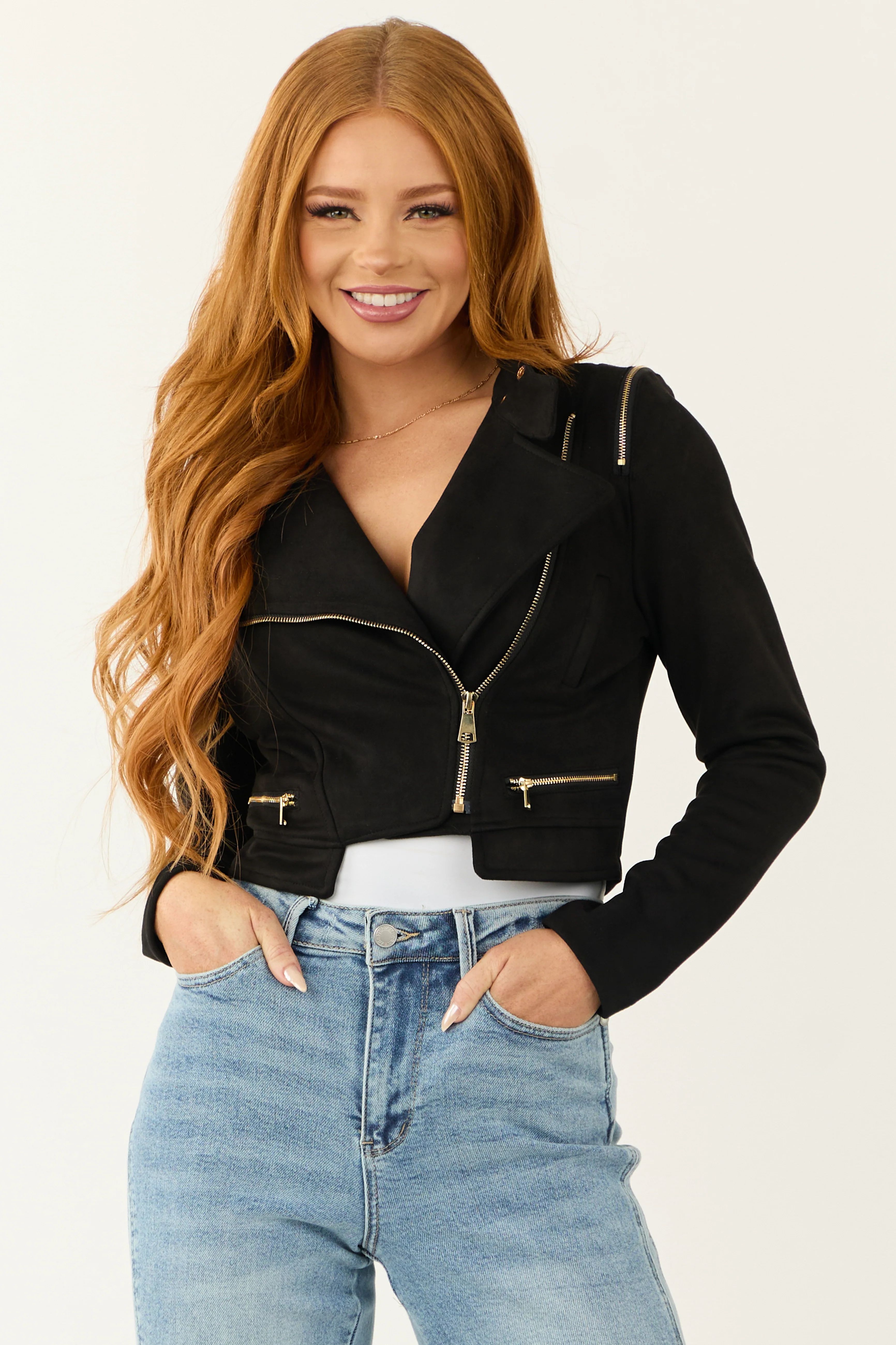 Black Faux Suede Zipper Detail Biker Jacket - LD SALE
