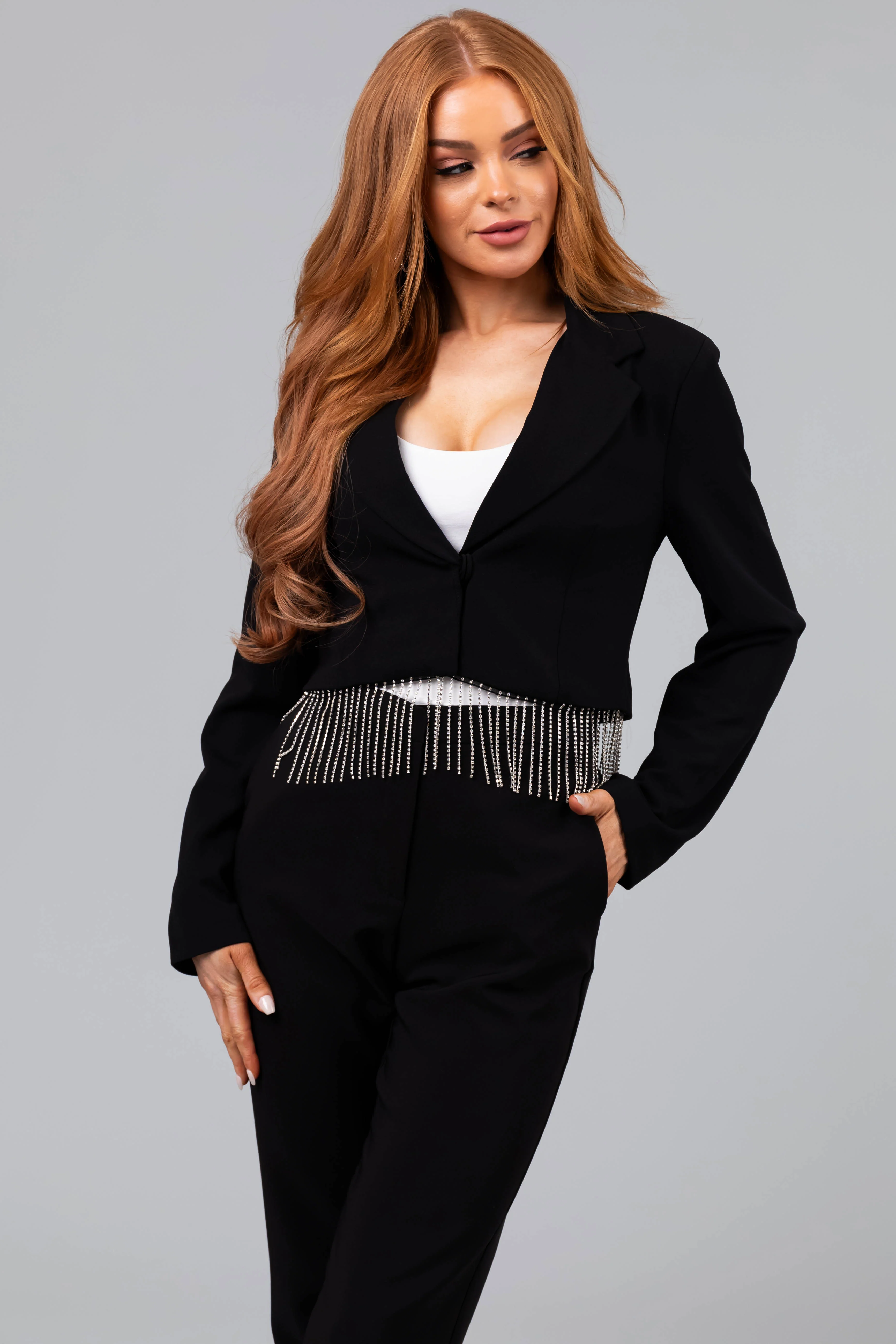 Black Cropped Rhinestone Fringe Blazer - LD SALE