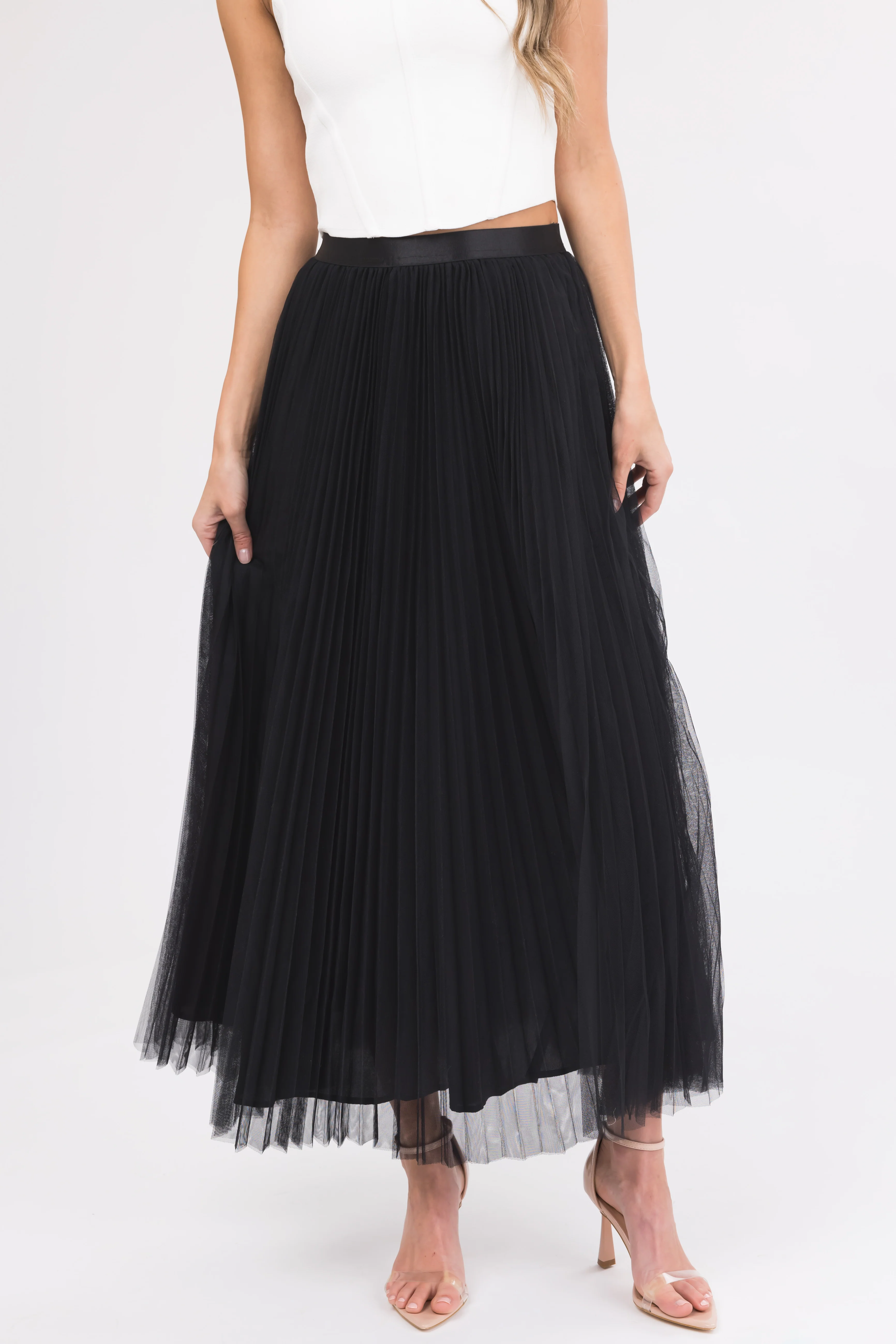 Black Pleated Tulle Elastic Waist Midi Skirt - LD SALE