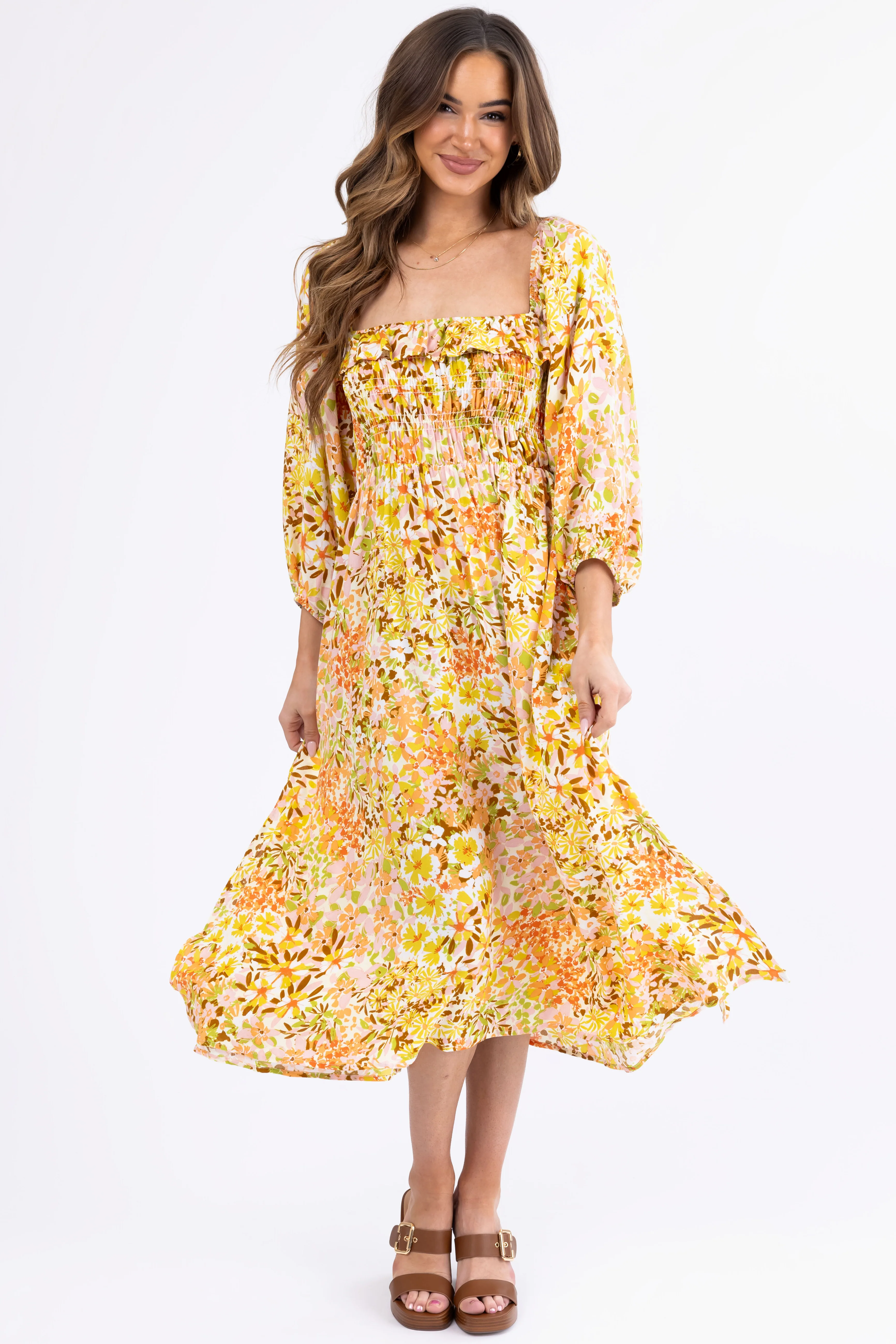 Buttercream Floral Print Smocked Midi Dress - LD SALE