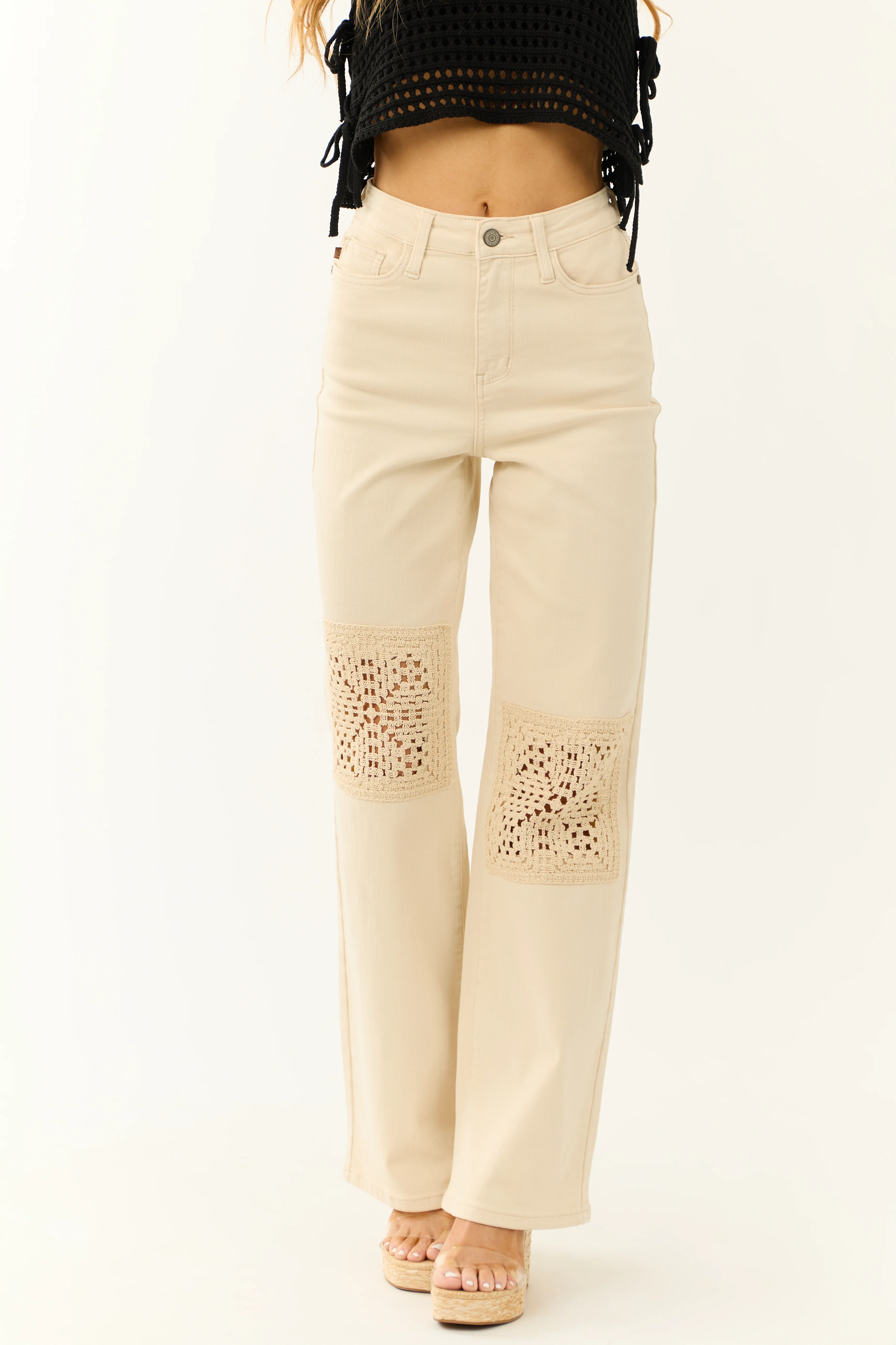 Judy Blue Cream High Rise Crochet Patch Jeans - LD SALE