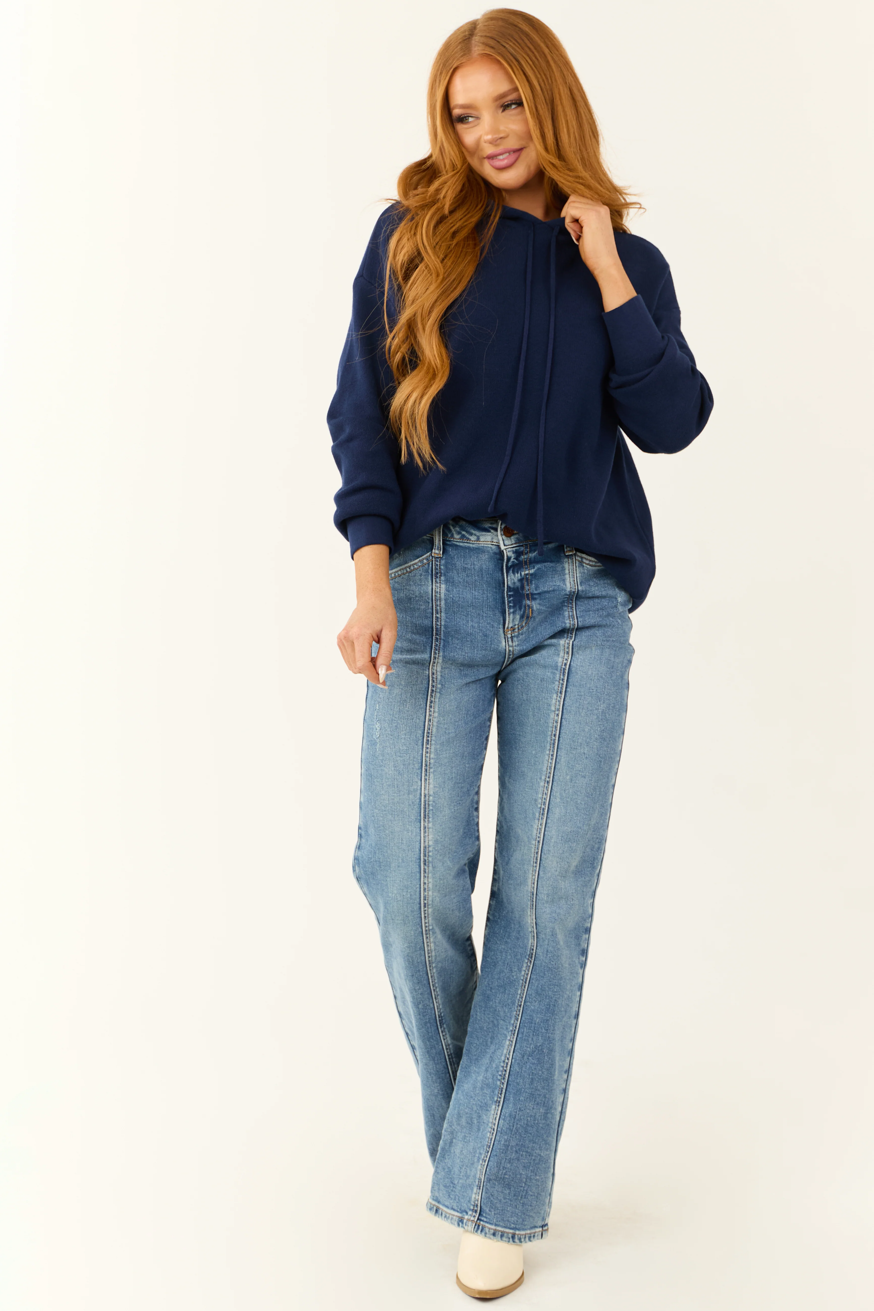 Navy Long Sleeve Knit Drawstring Hoodie - LD SALE