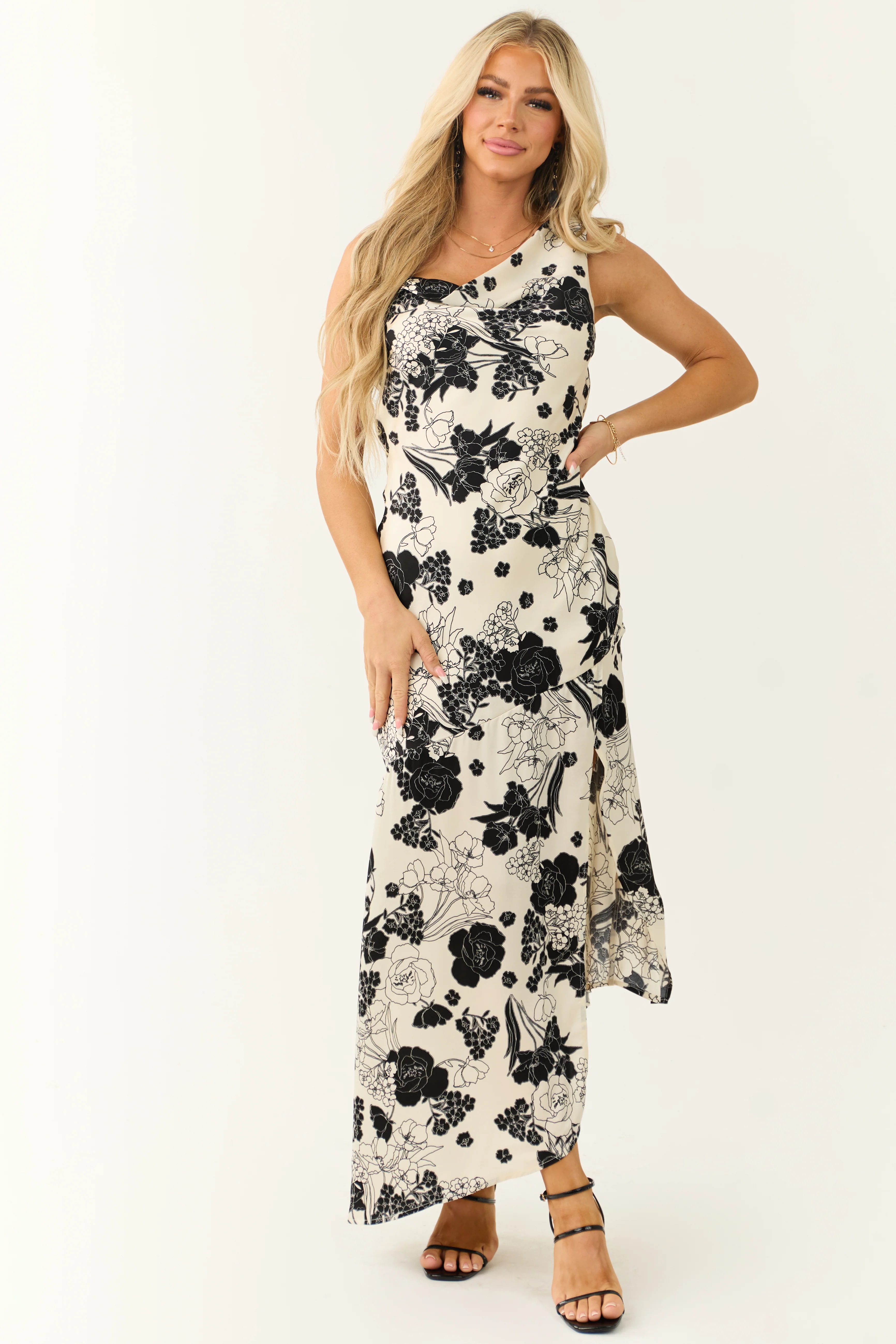 Ivory Satin Floral Print Cowl Neck Maxi Dress - LD SALE