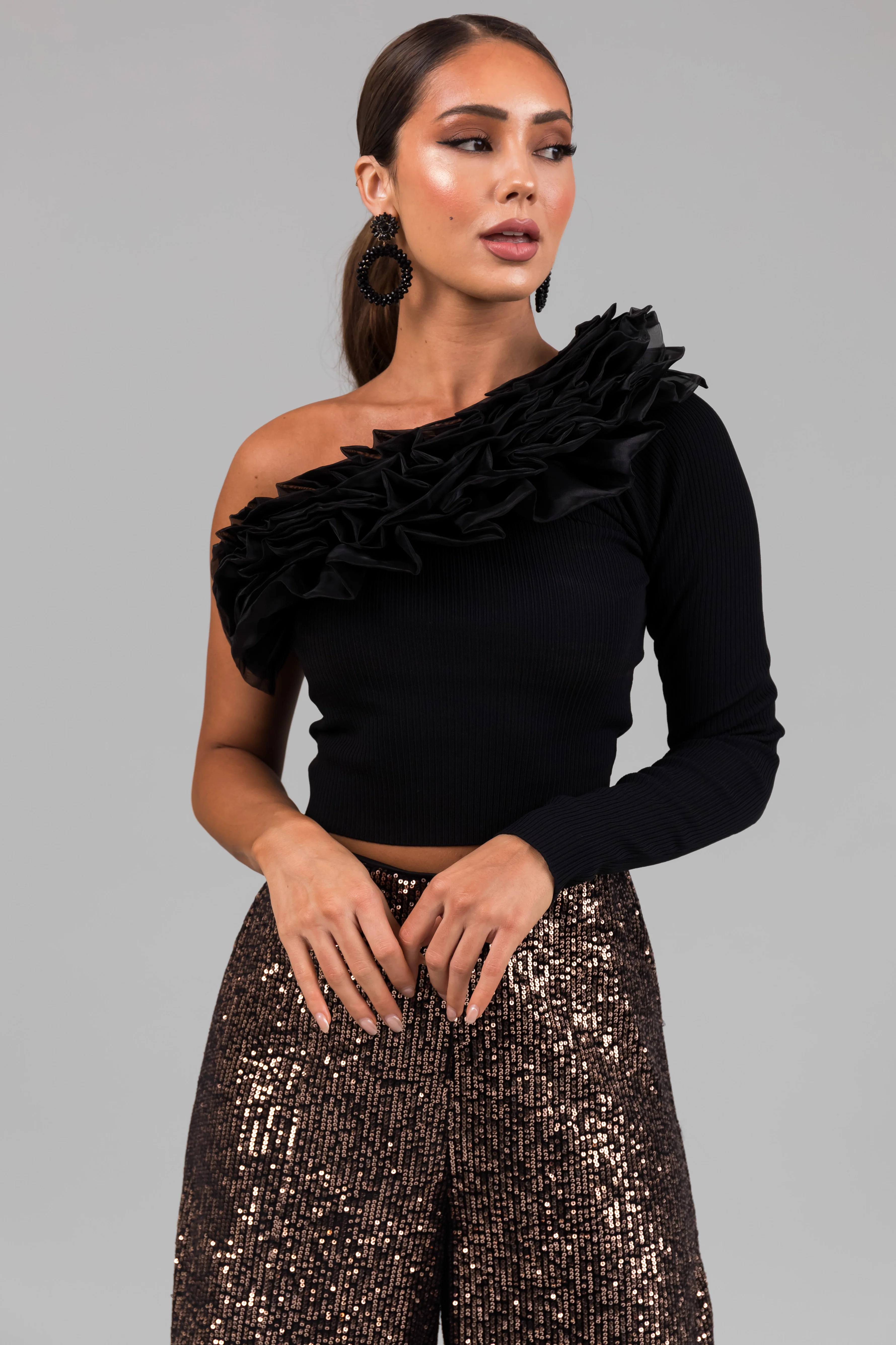 Black Ruffle One Shoulder Long Sleeve Top - LD SALE