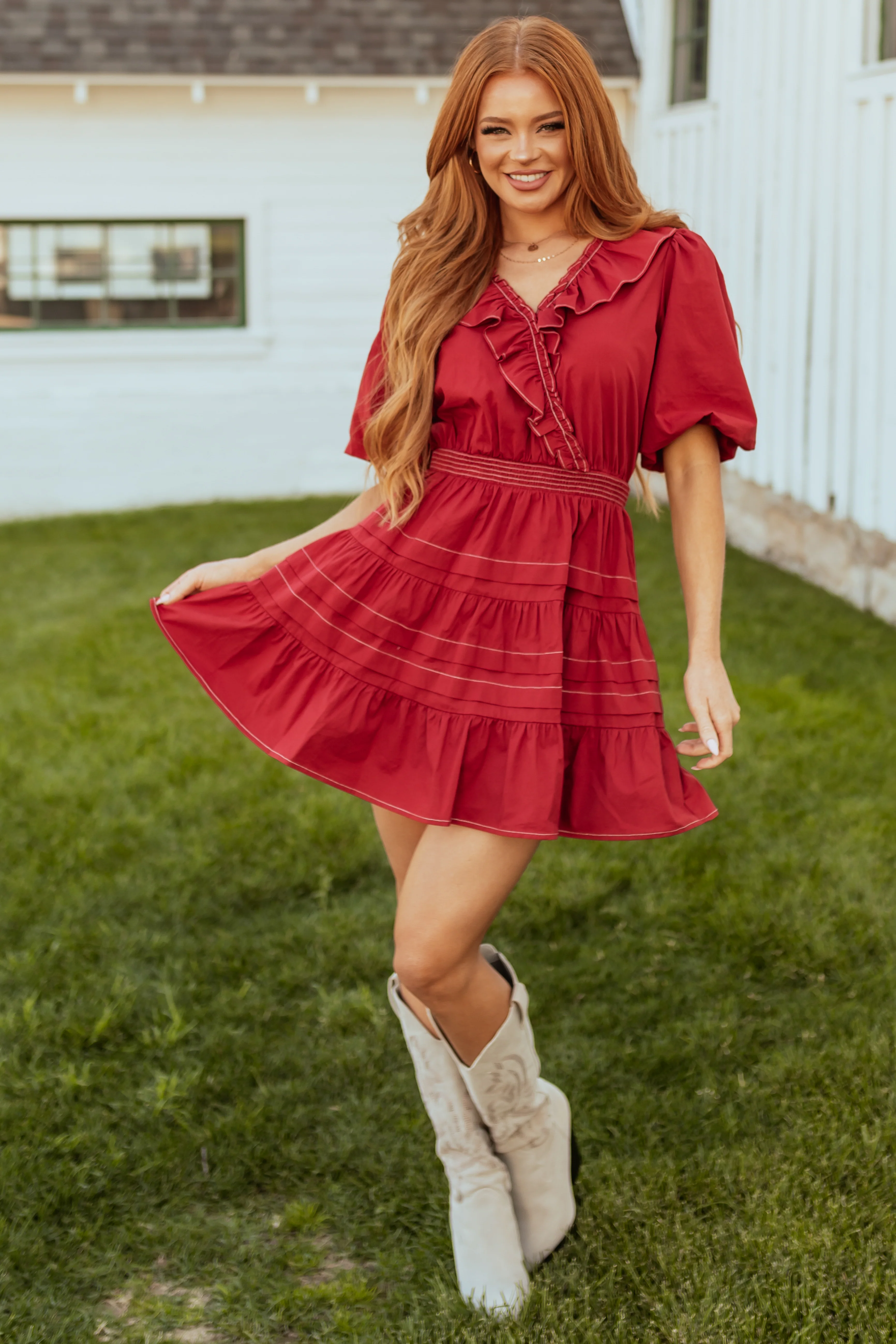 Burgundy Tiered Ruffle Surplice Wrap Mini Dress - LD SALE