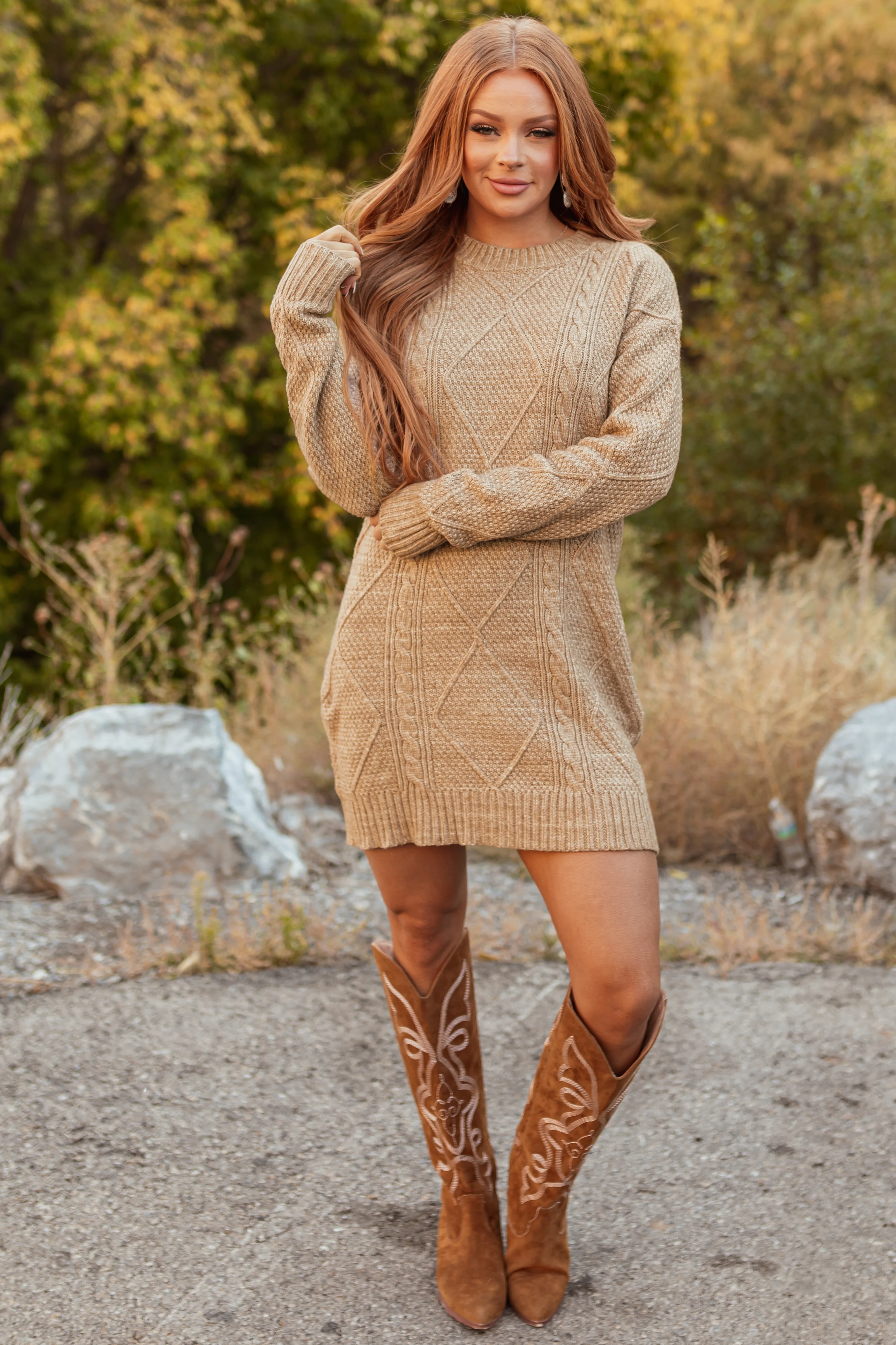 Latte Cable Knit Loose Fit Short Sweater Dress - LD SALE