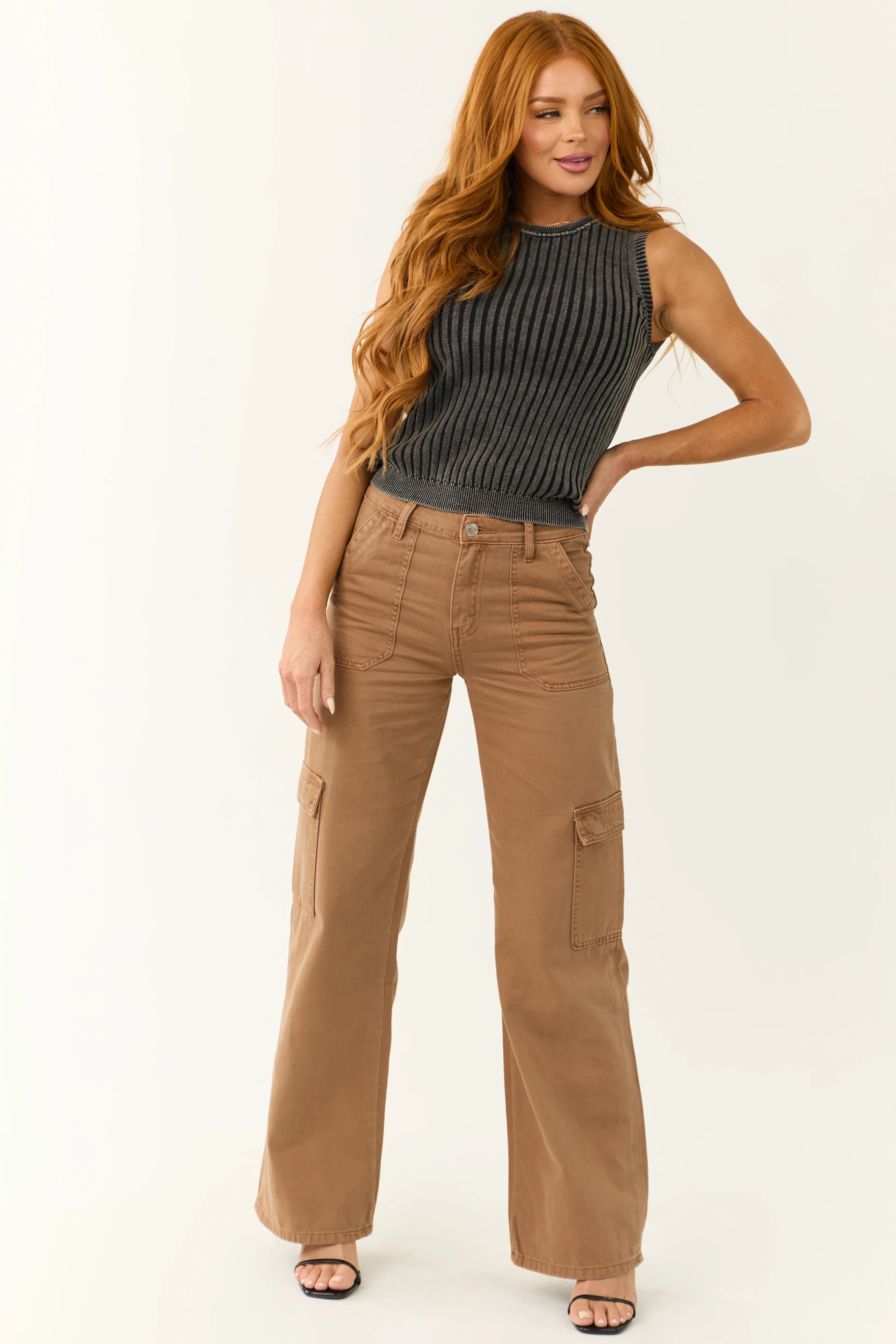 Vervet Coffee High Rise Wide Leg Cargo Jeans - LD SALE