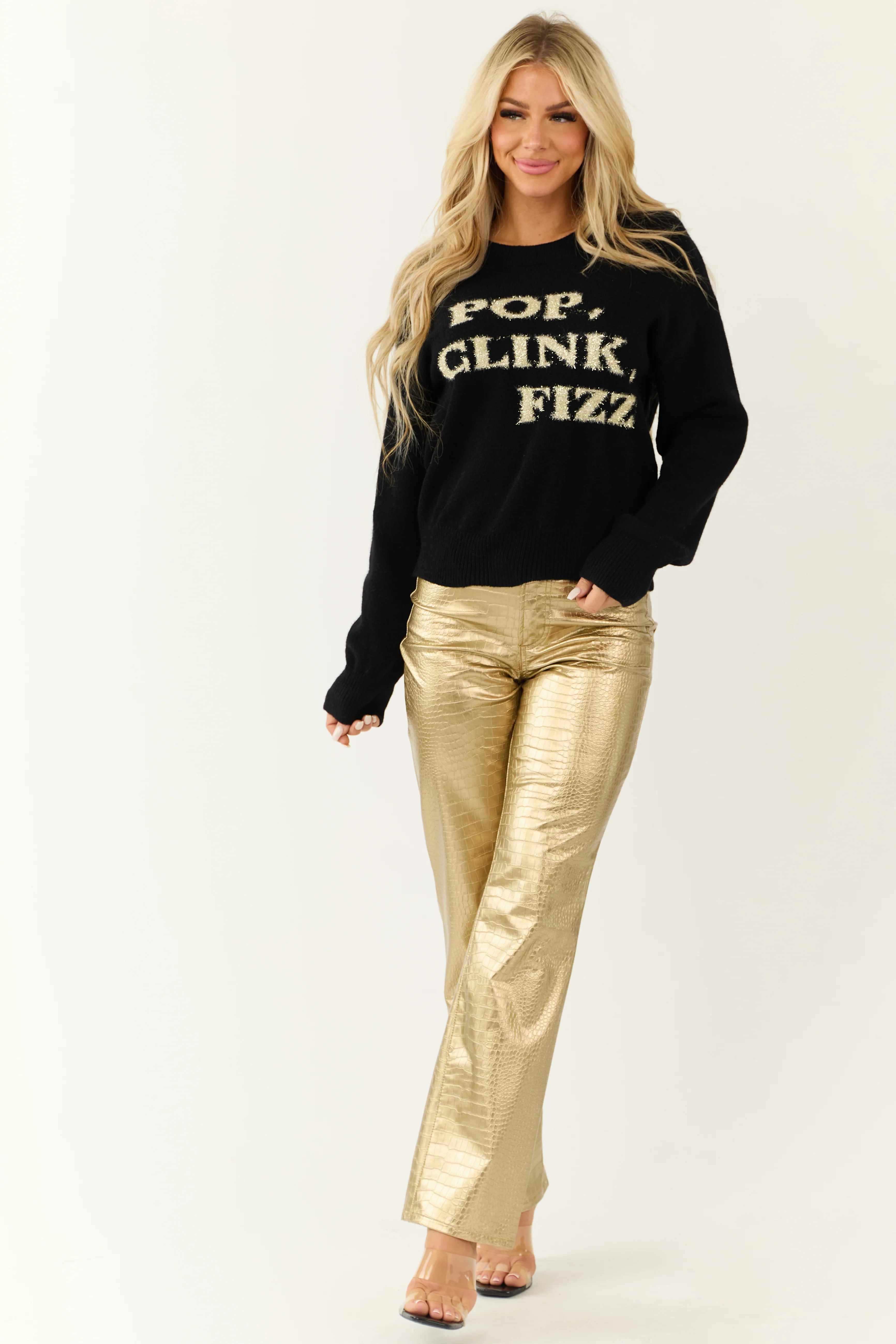 Black 'Pop Clink Fizz' Graphic Pullover Sweater - LD SALE