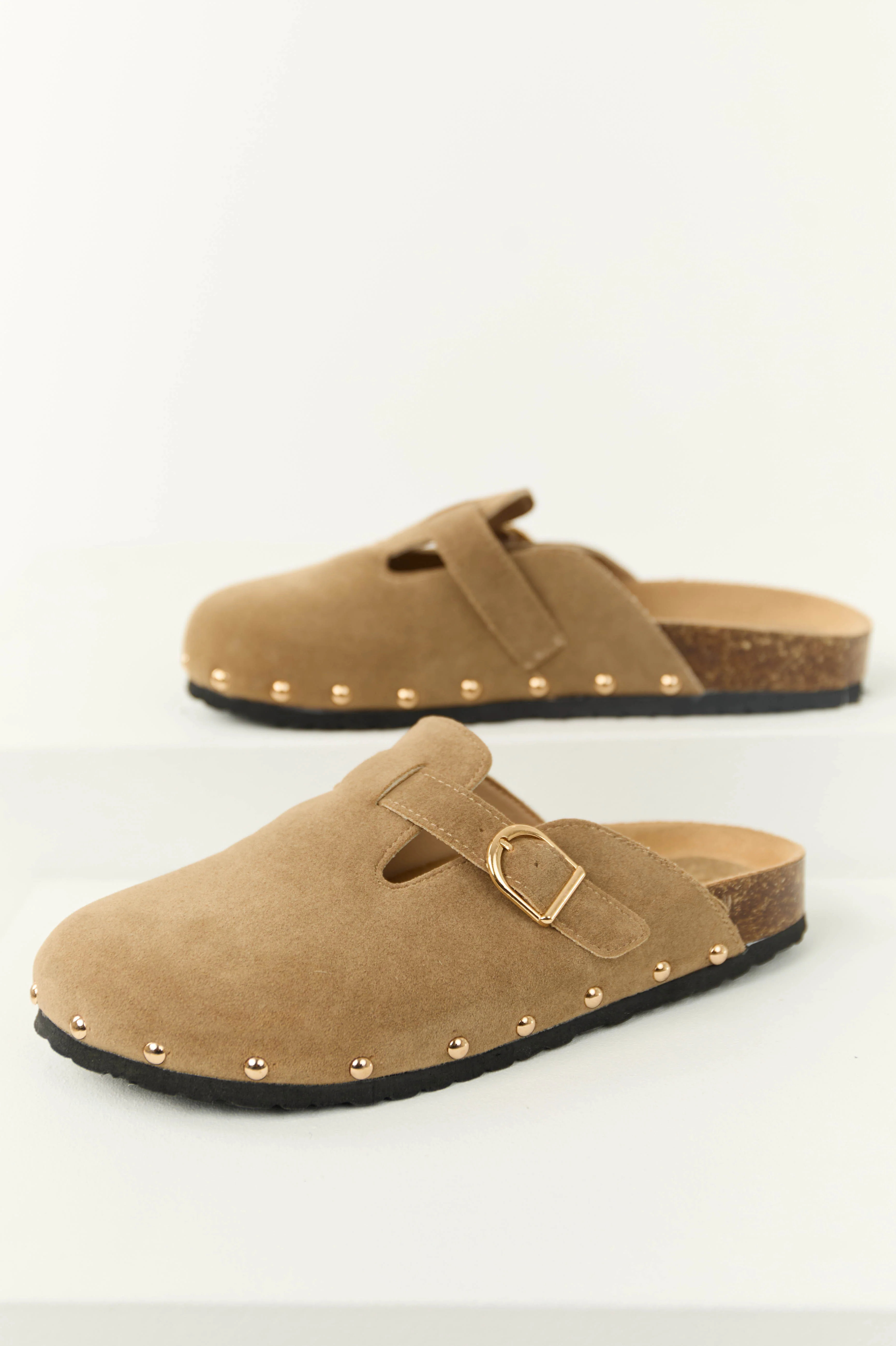 Latte Suede Studded Trim Clog Slip Ons - LD SALE