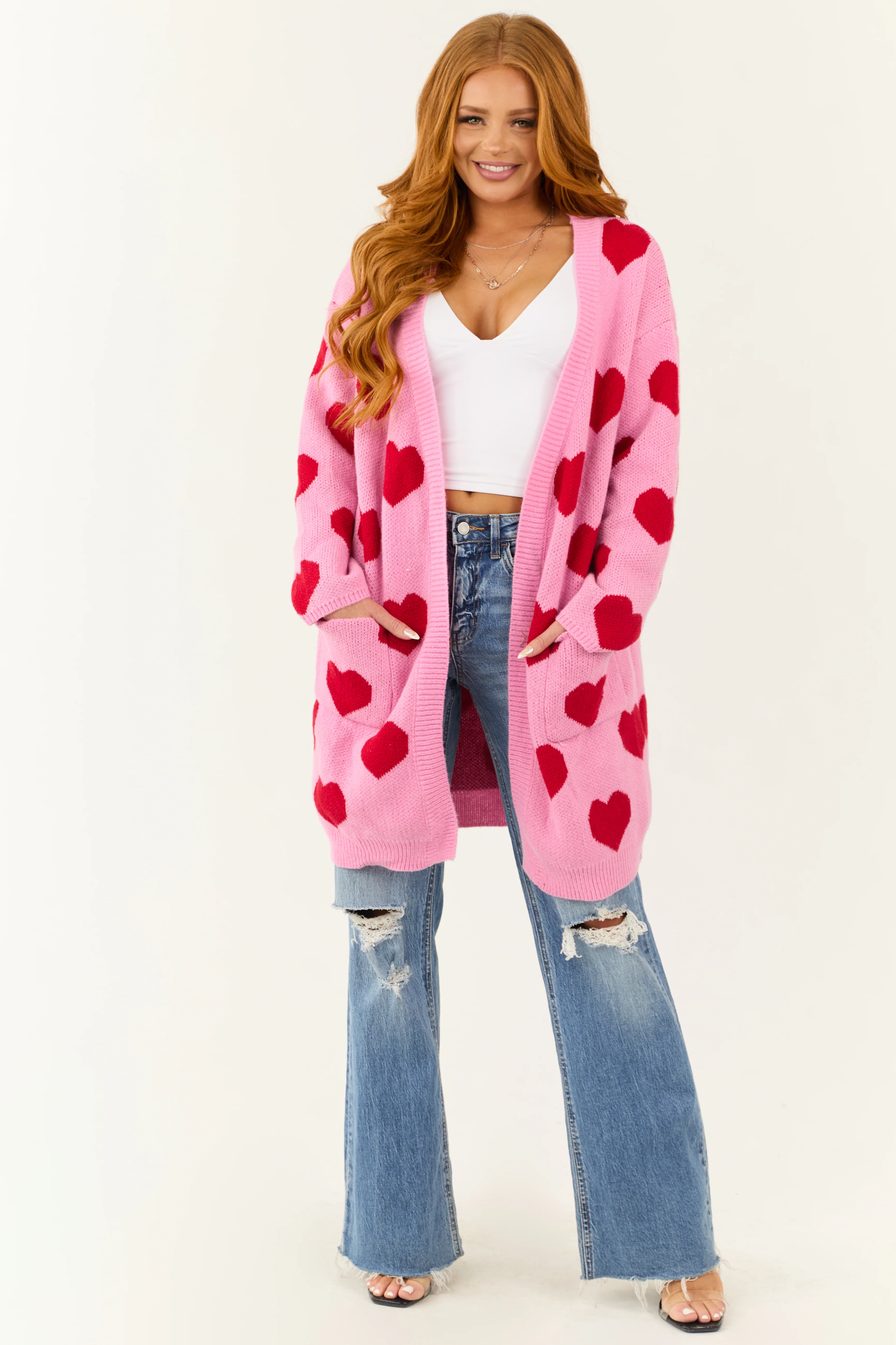Carnation Heart Print Open Front Knit Cardigan - LD SALE