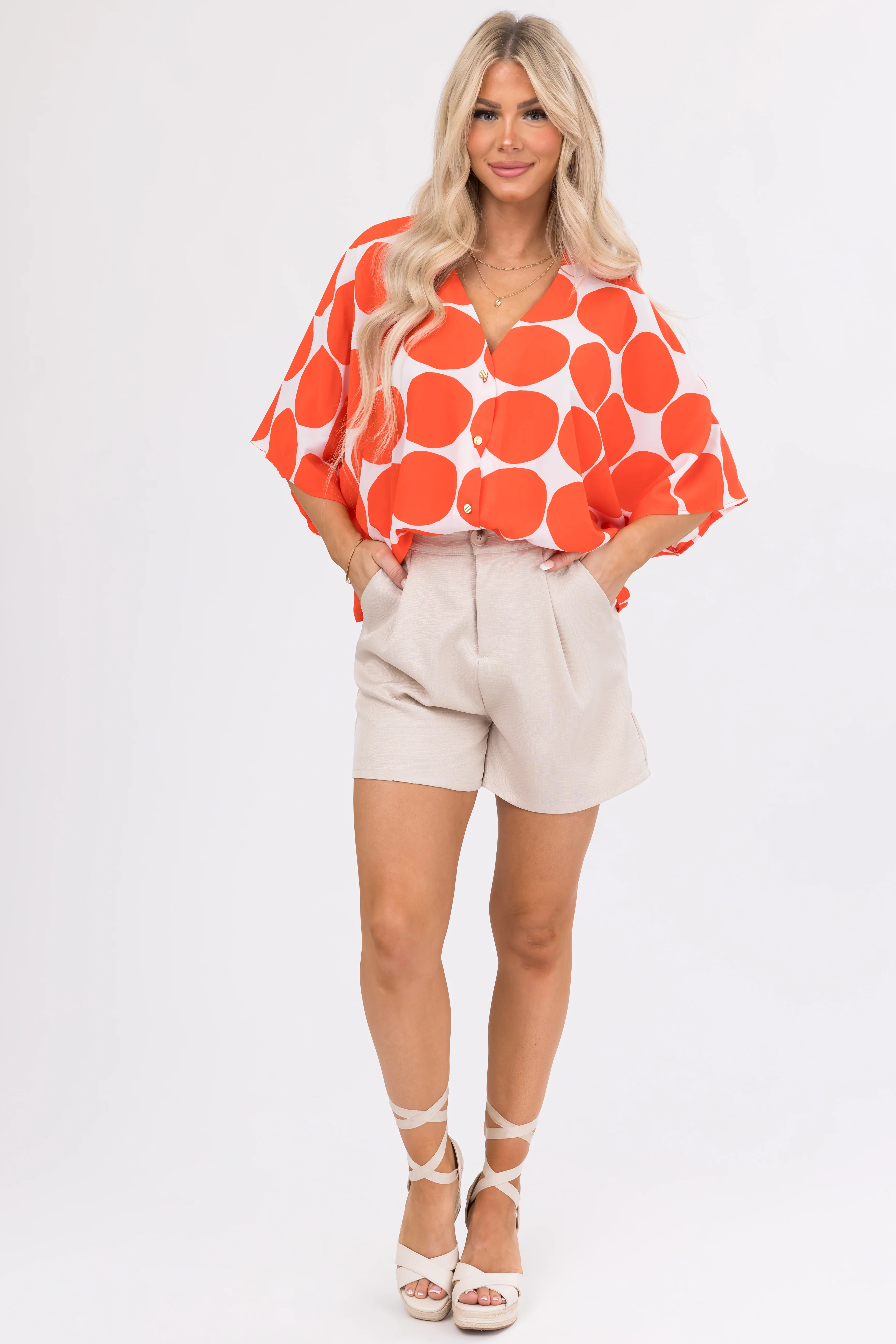 Fire Dot Print V Neck Oversized Blouse - LD SALE