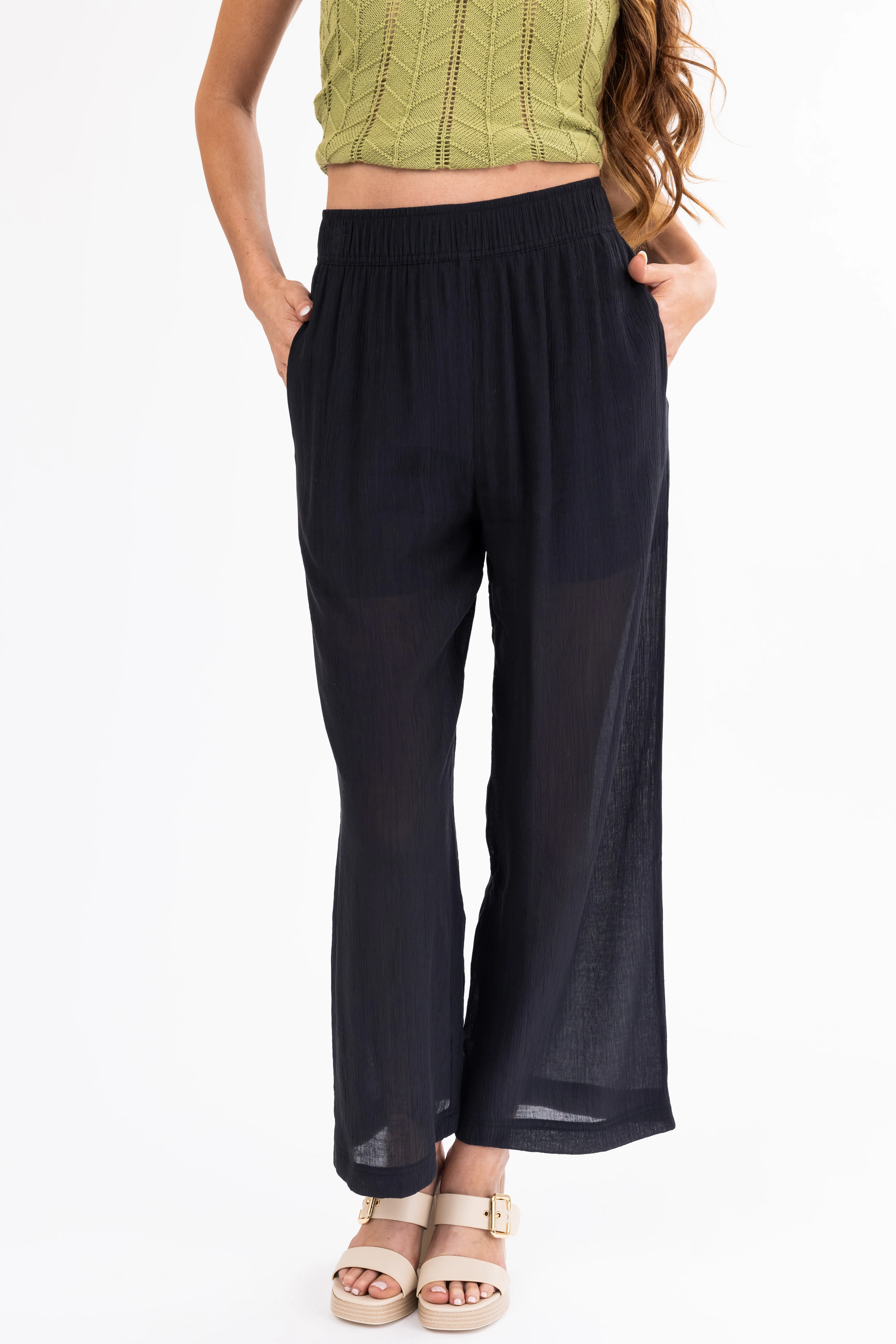 Black Wide Leg Textured Woven Pants - LD SALE