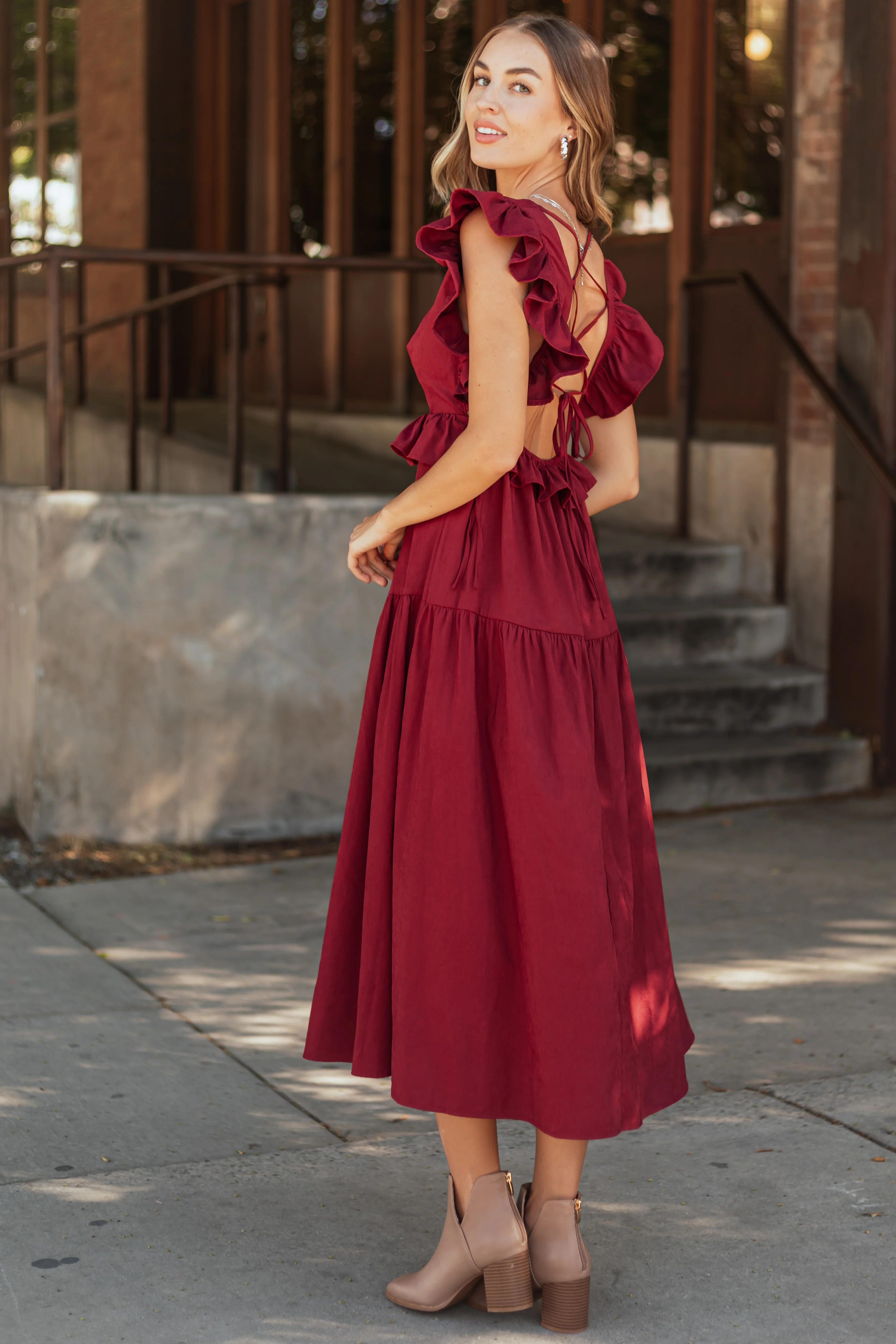 Maroon Ruffle Sleeve Midi Dress with Back Tie - LD SALE