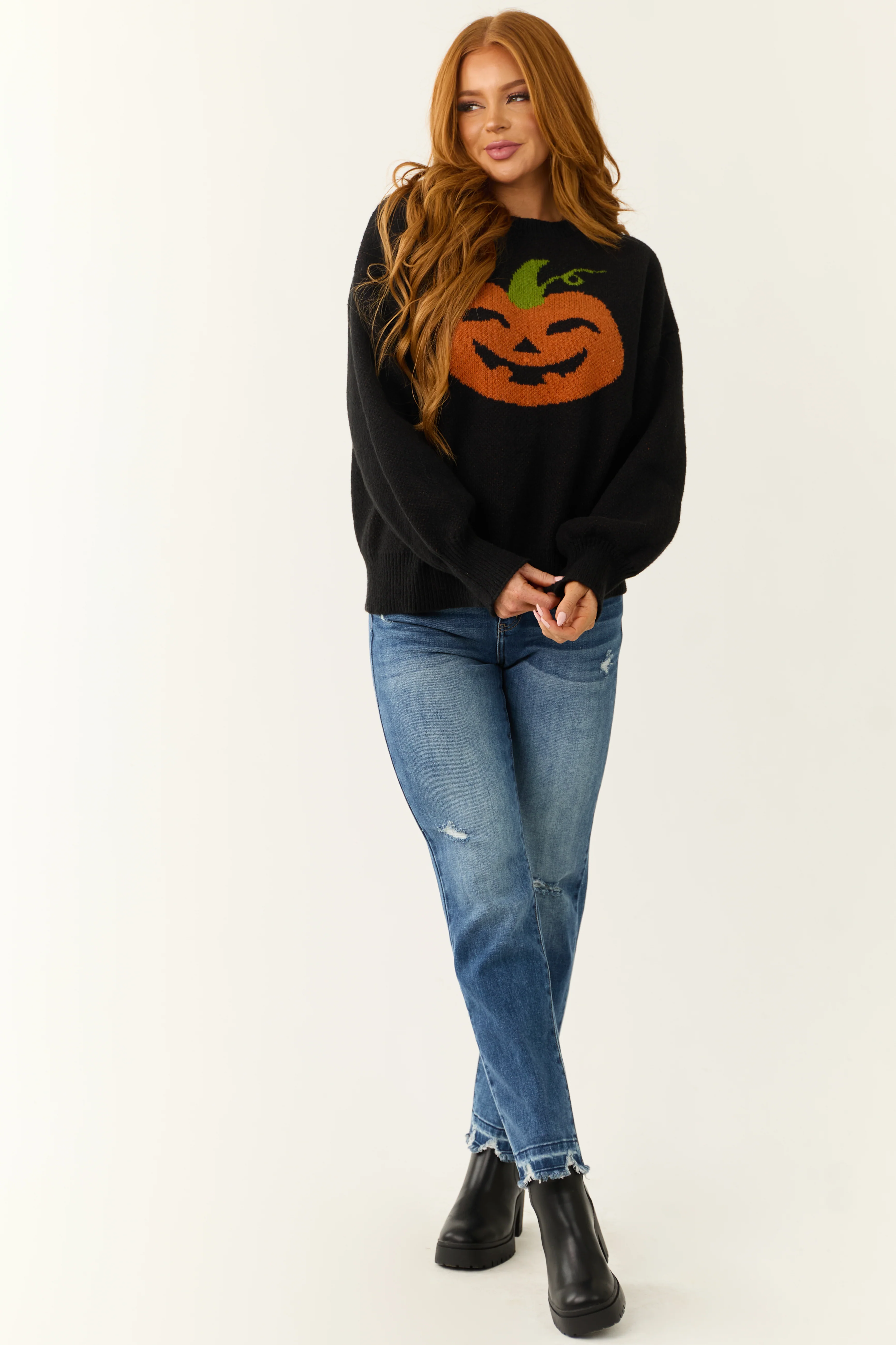 Black Pumpkin Graphic Long Sleeve Sweater - LD SALE