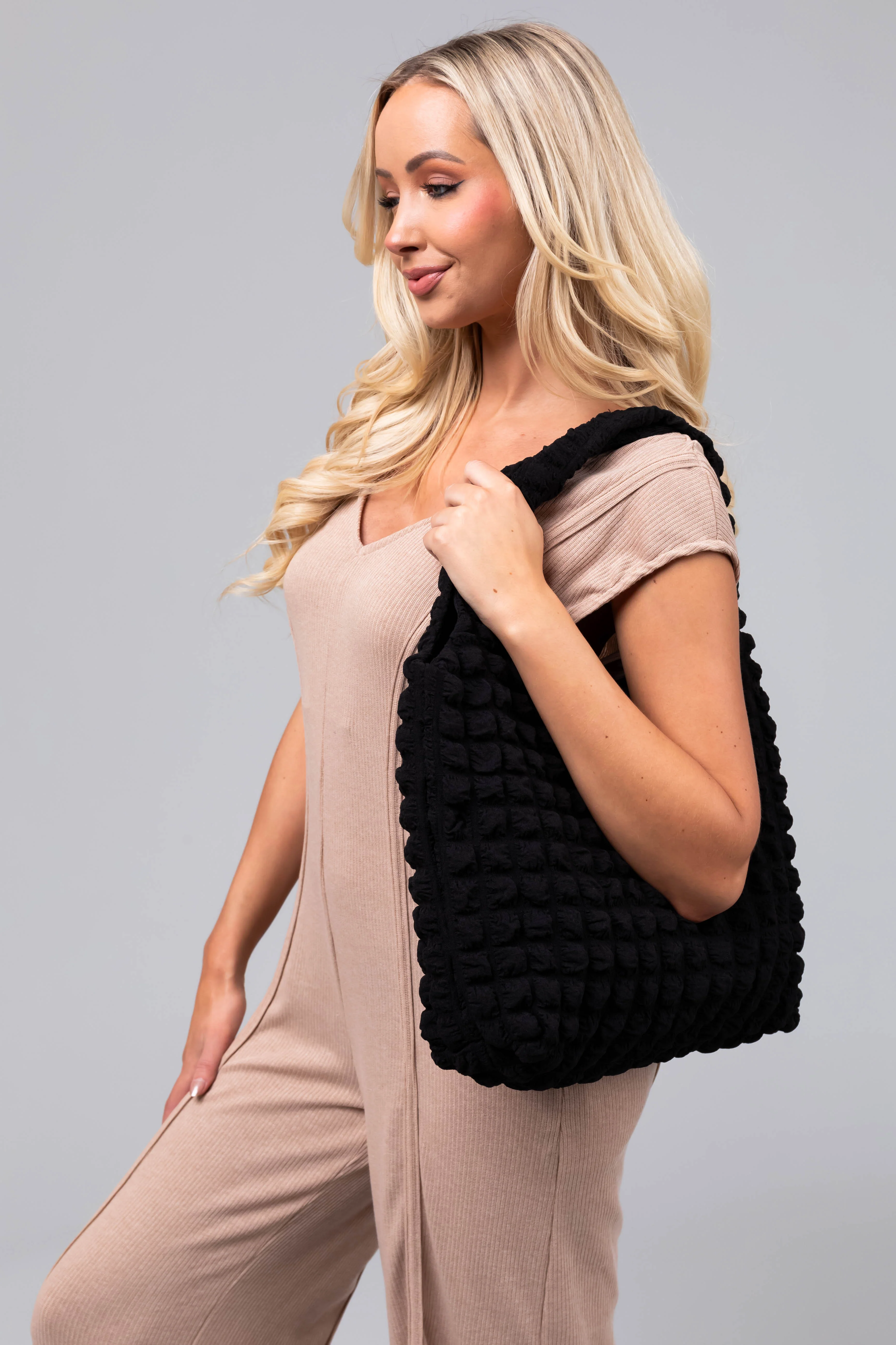 Black Puff Square Textured Handbag - LD SALE
