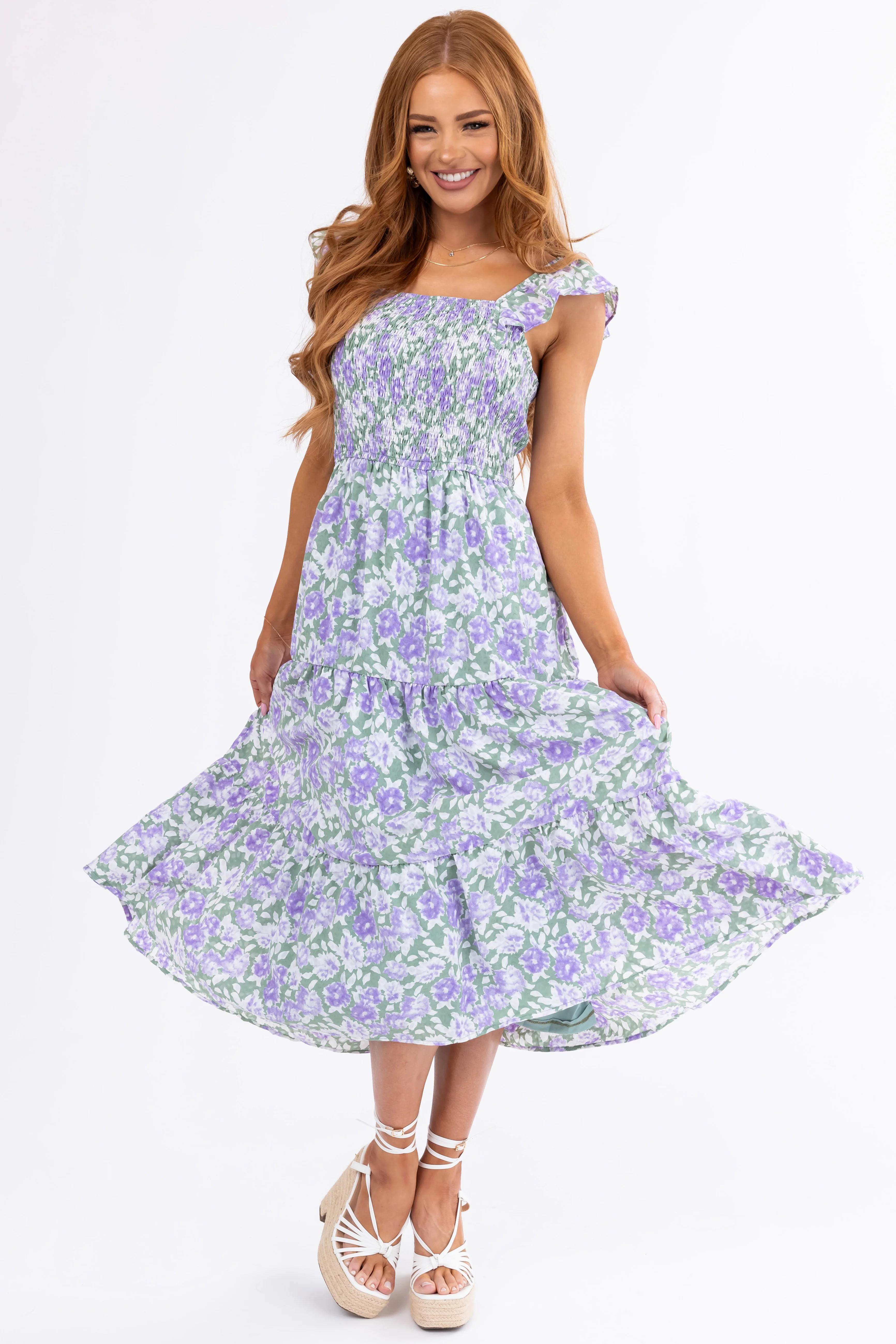 Dark Sage Floral Pattern Smocked Midi Dress - LD SALE