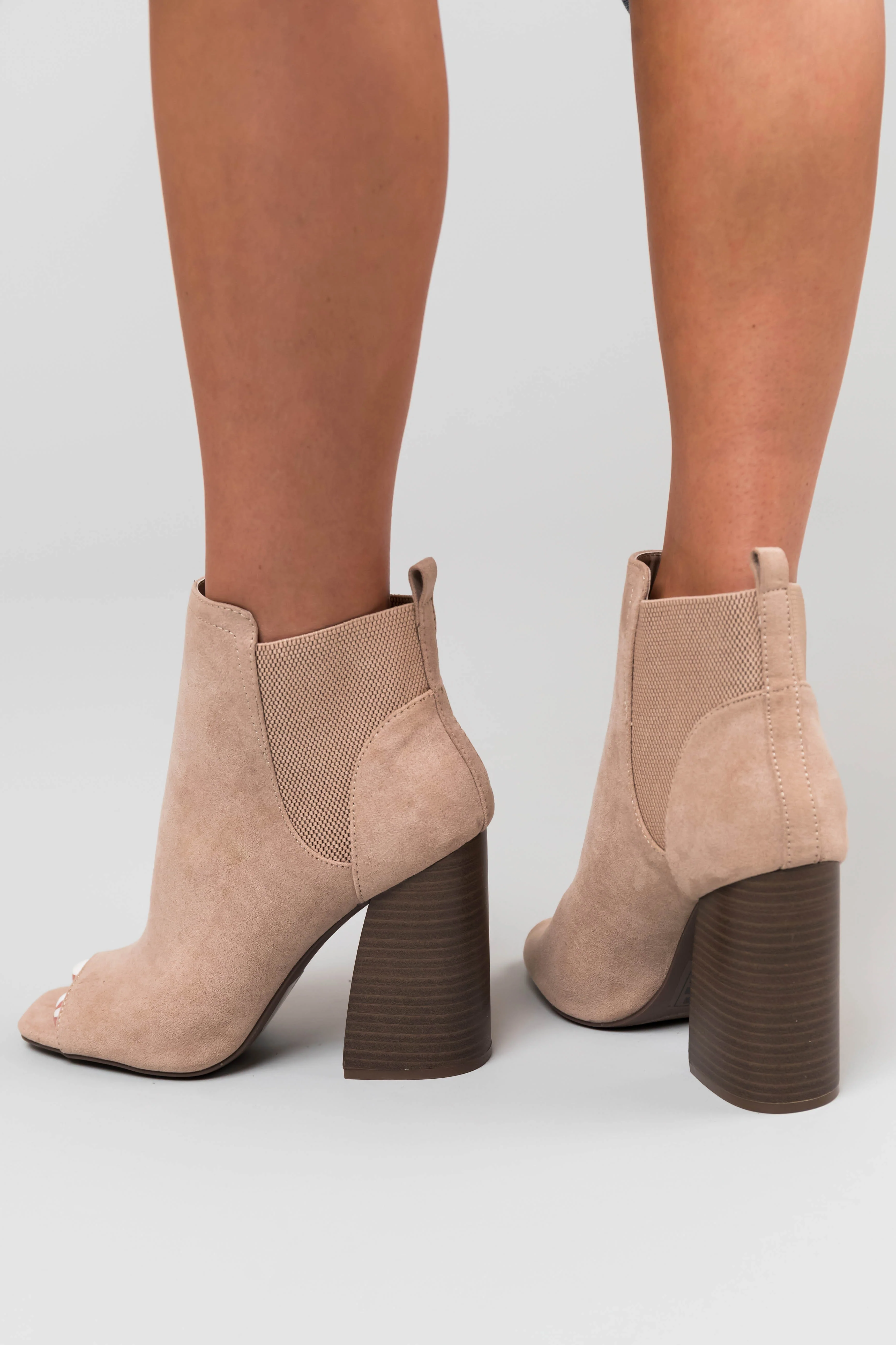 Latte Suede Peep Toe Chunky Heel Booties - LD SALE