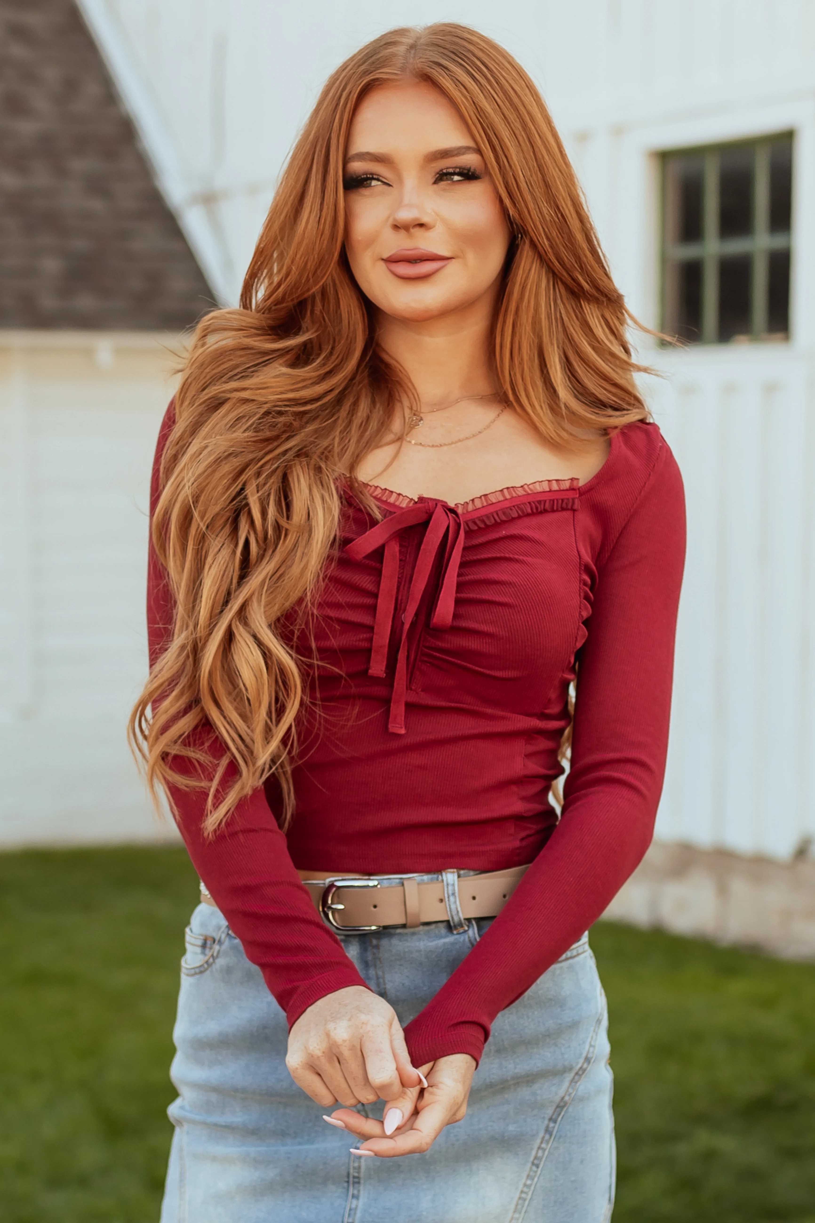 Maroon Front Tie Detail Ruched Long Sleeve Top - LD SALE