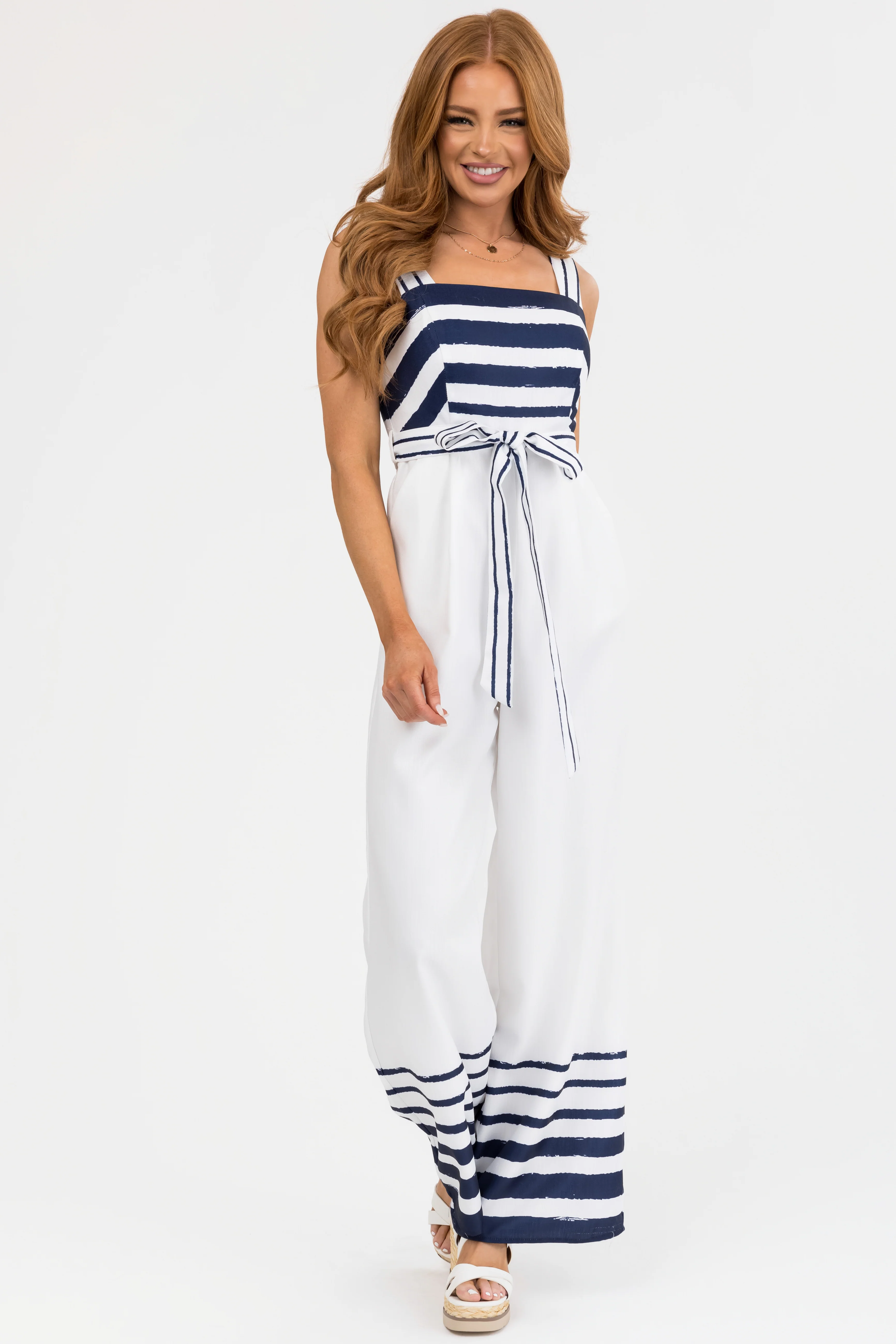 Navy and White Stripe Detail Wide Leg Jumpsuit - LD SALE