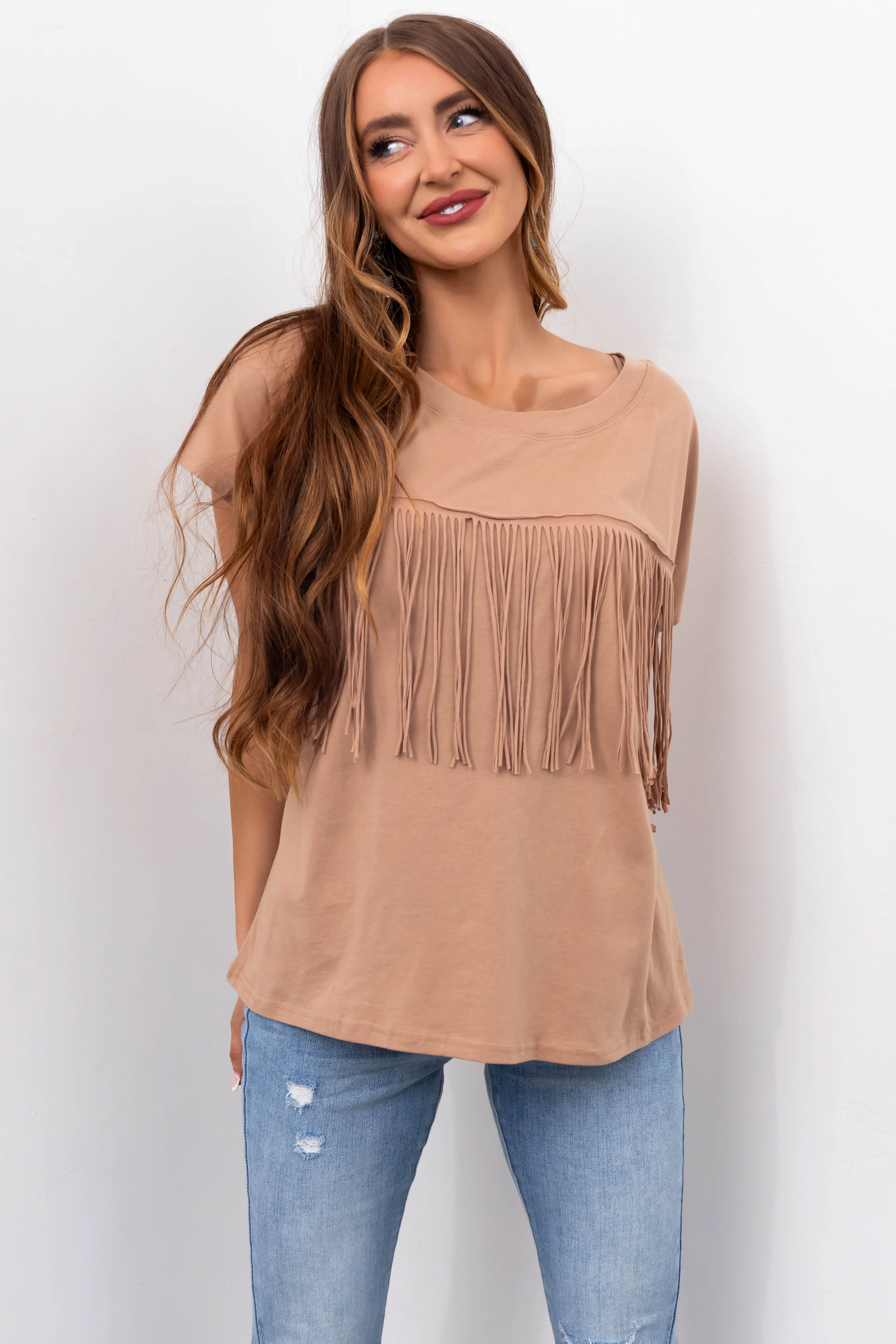 Camel Fringe Short Sleeve Knit Tee - LD SALE