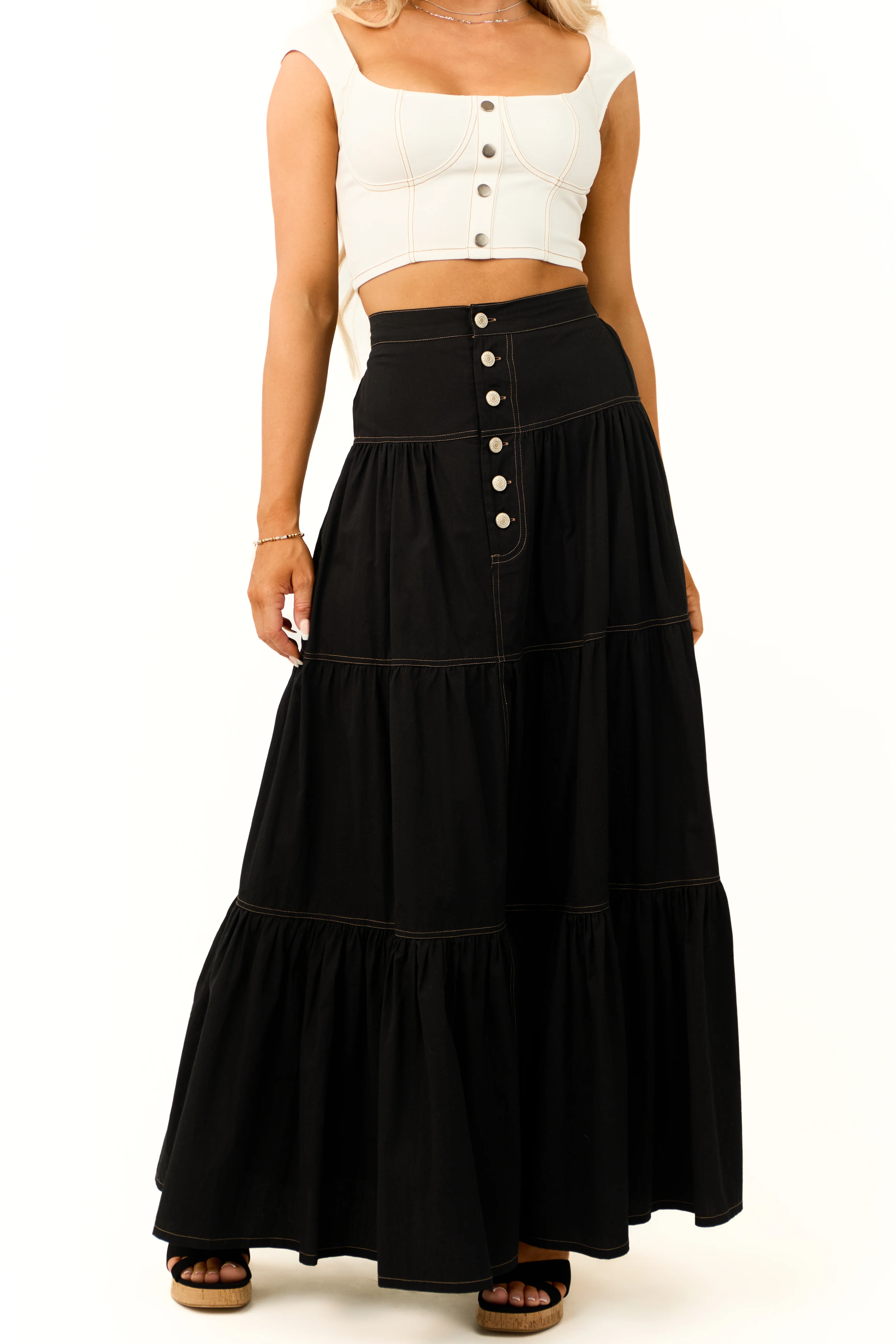 Black Tiered Seam Detail Buttoned Maxi Skirt - LD SALE