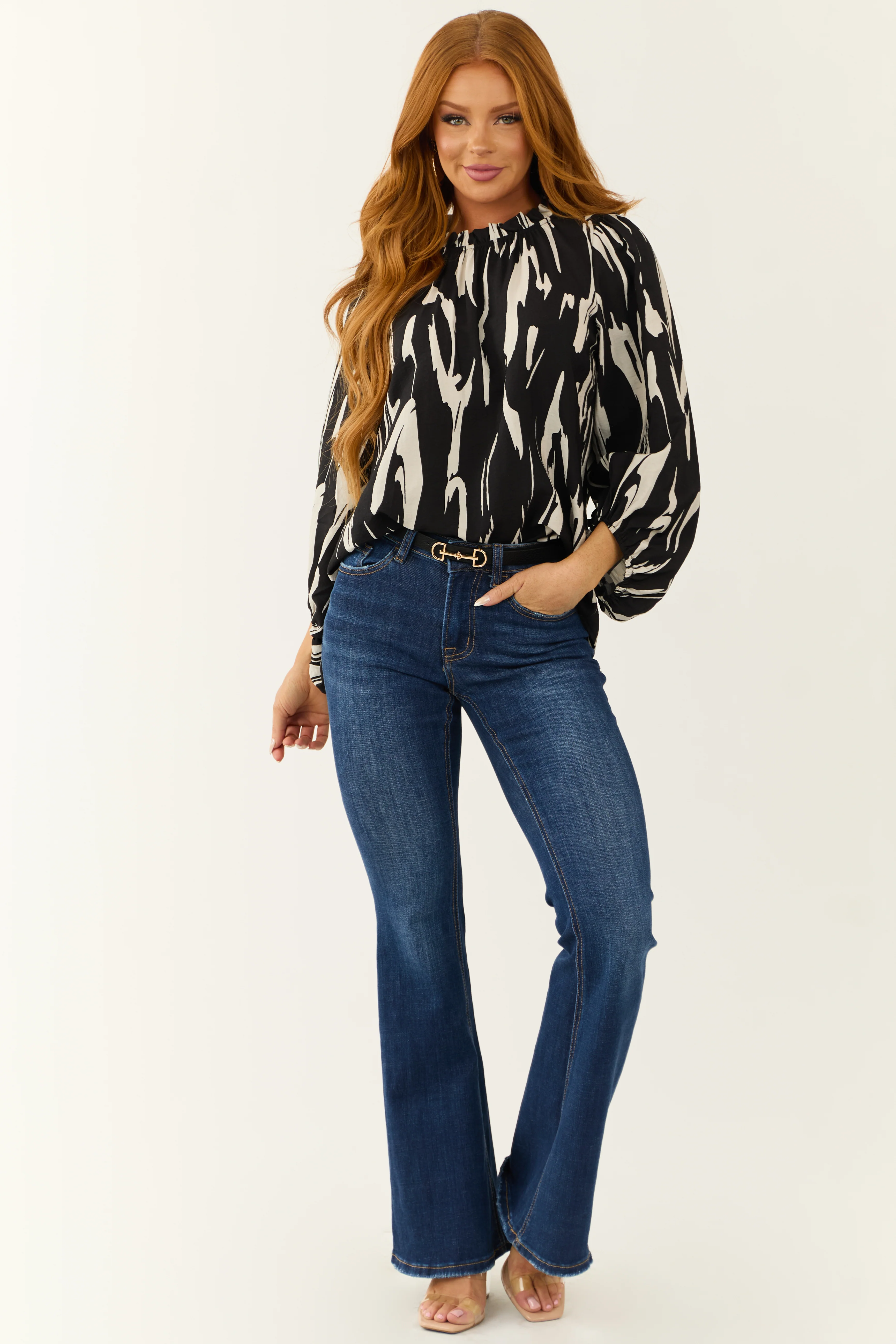 Black Abstract Print Long Puff Sleeve Top - LD SALE