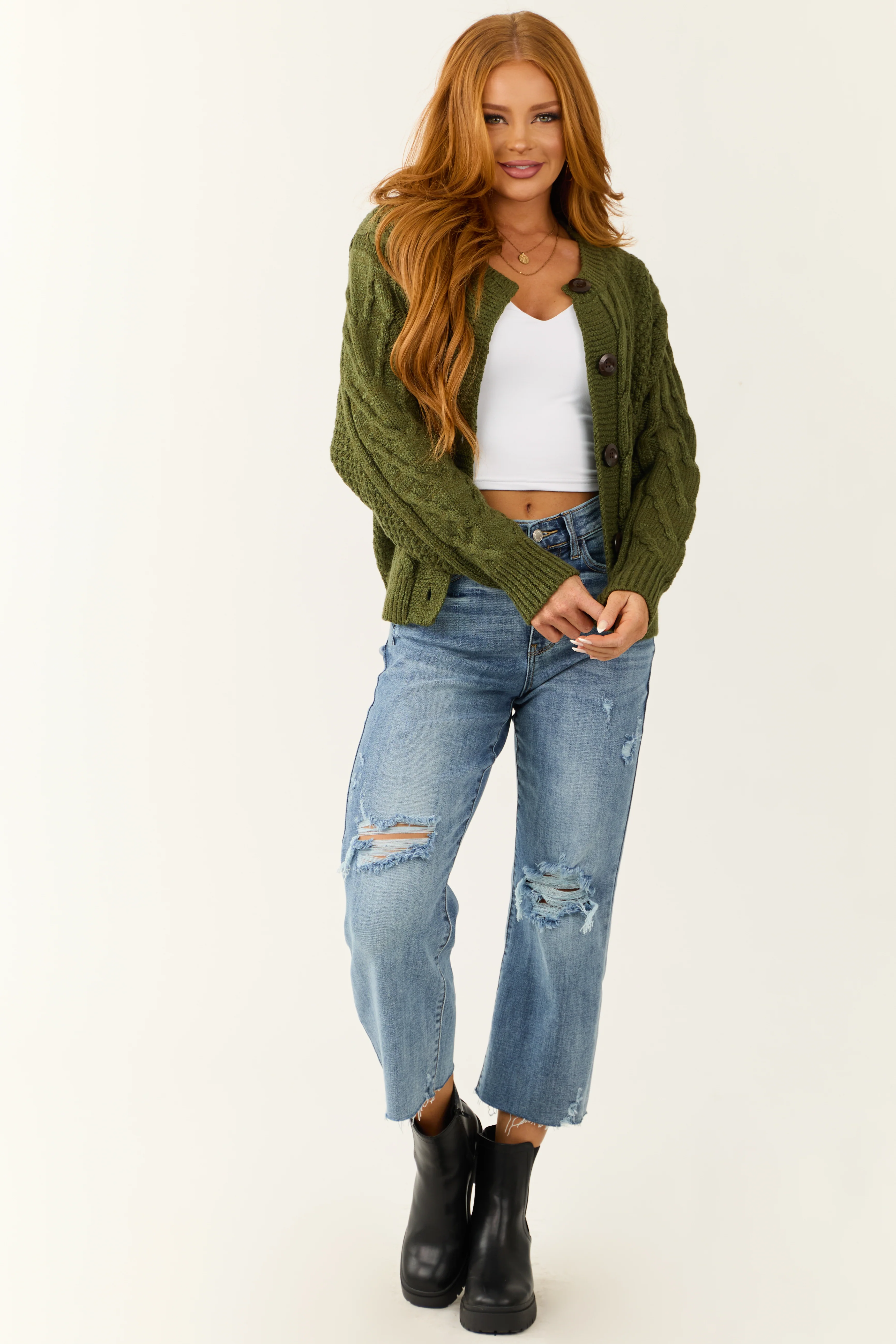 Olive Thick Cable Knit Button Cardigan - LD SALE
