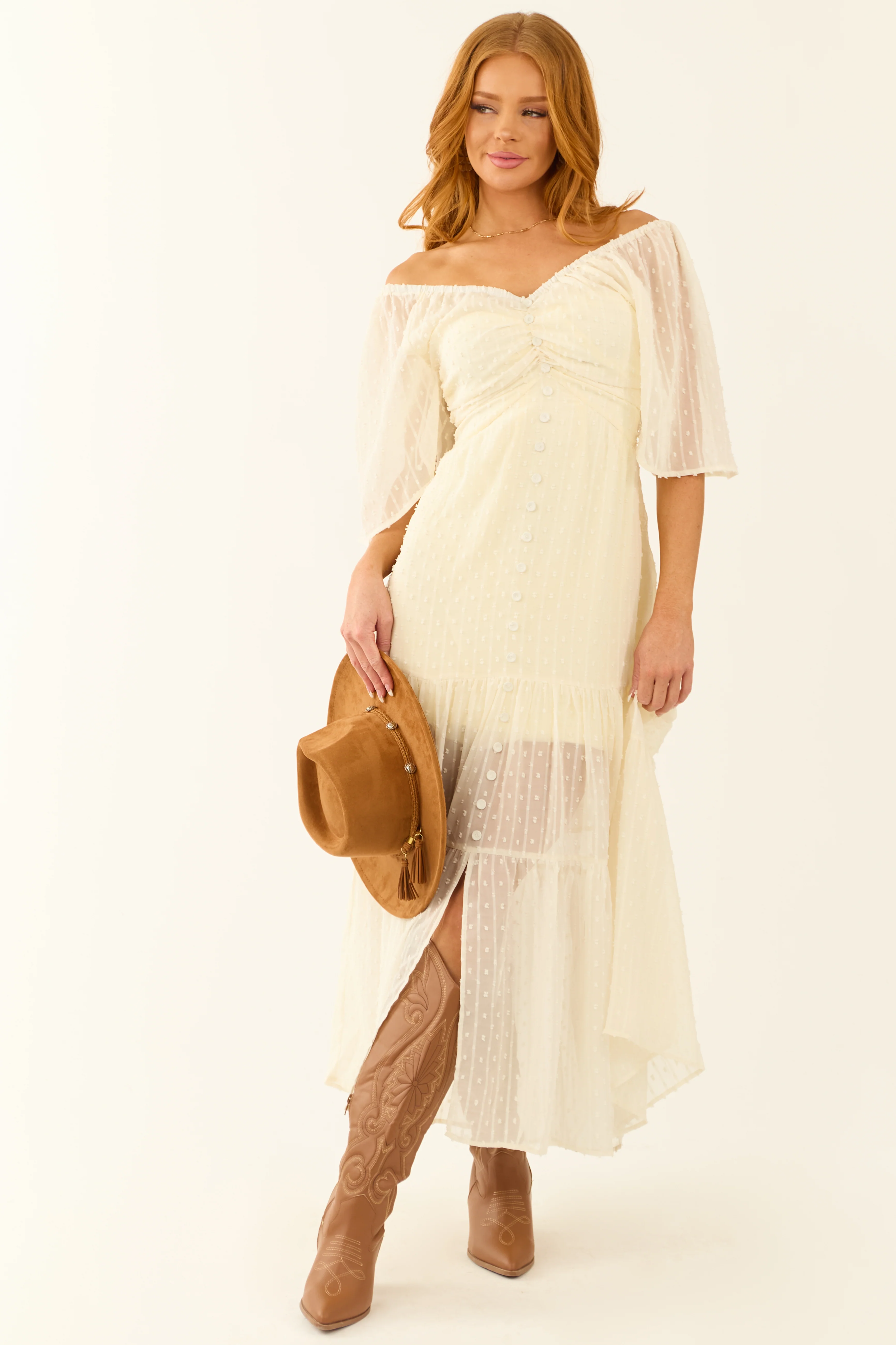 Cream Off the Shoulder Swiss Dot Midi Dress - LD SALE