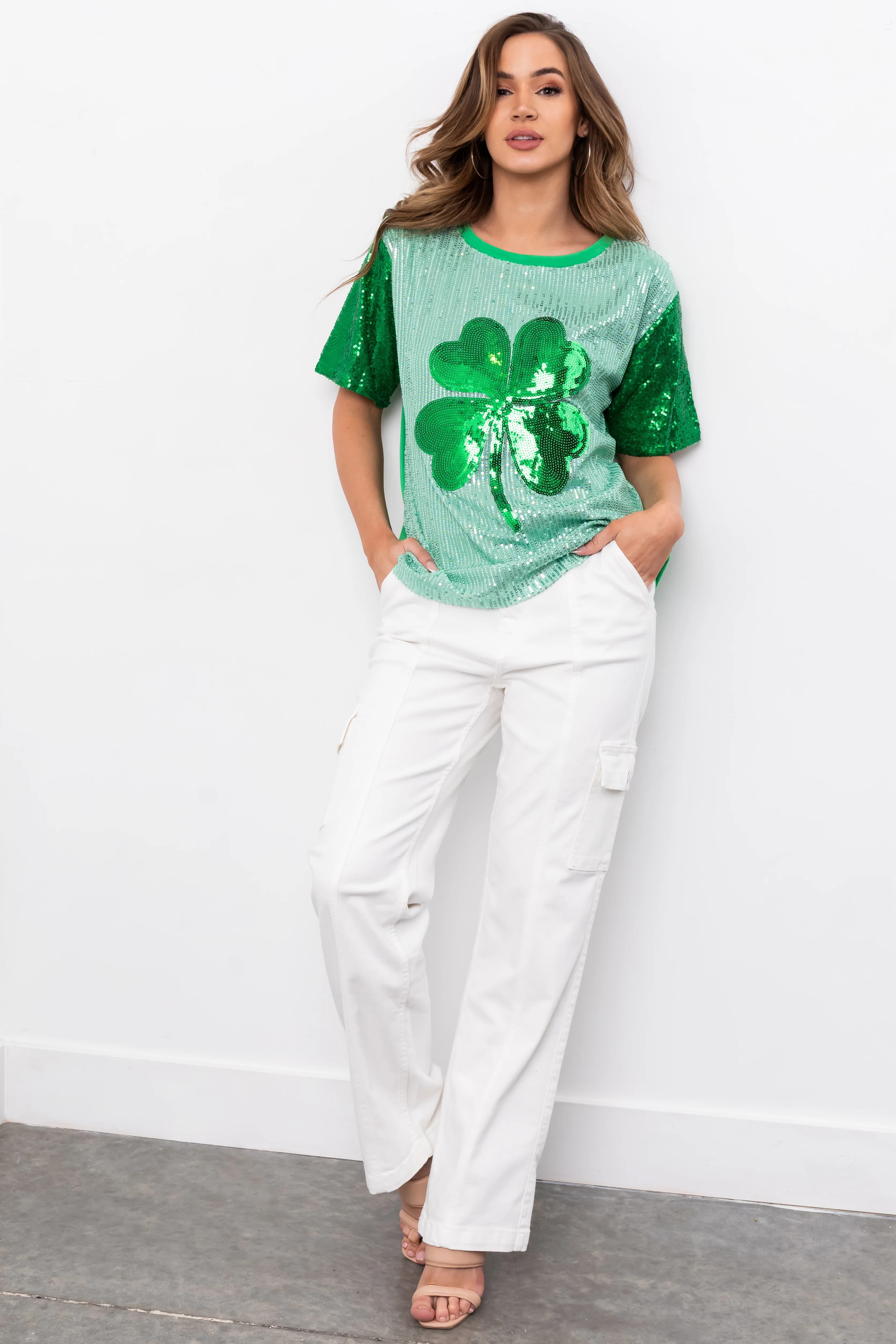 Mint Sequined Clover Graphic Half Sleeve Top - LD SALE