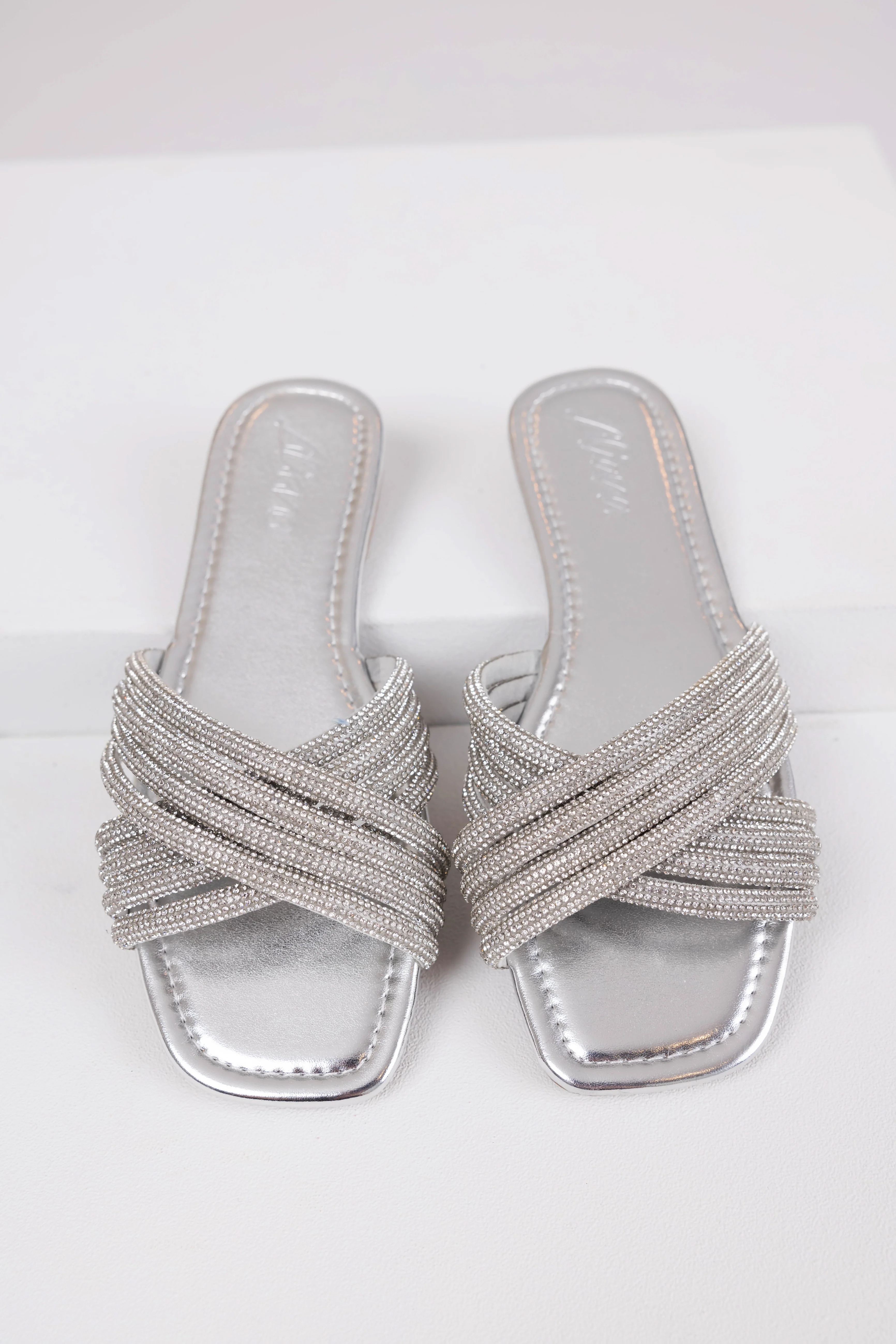 Silver Rhinestone Cross Strap Slide Sandals - LD SALE