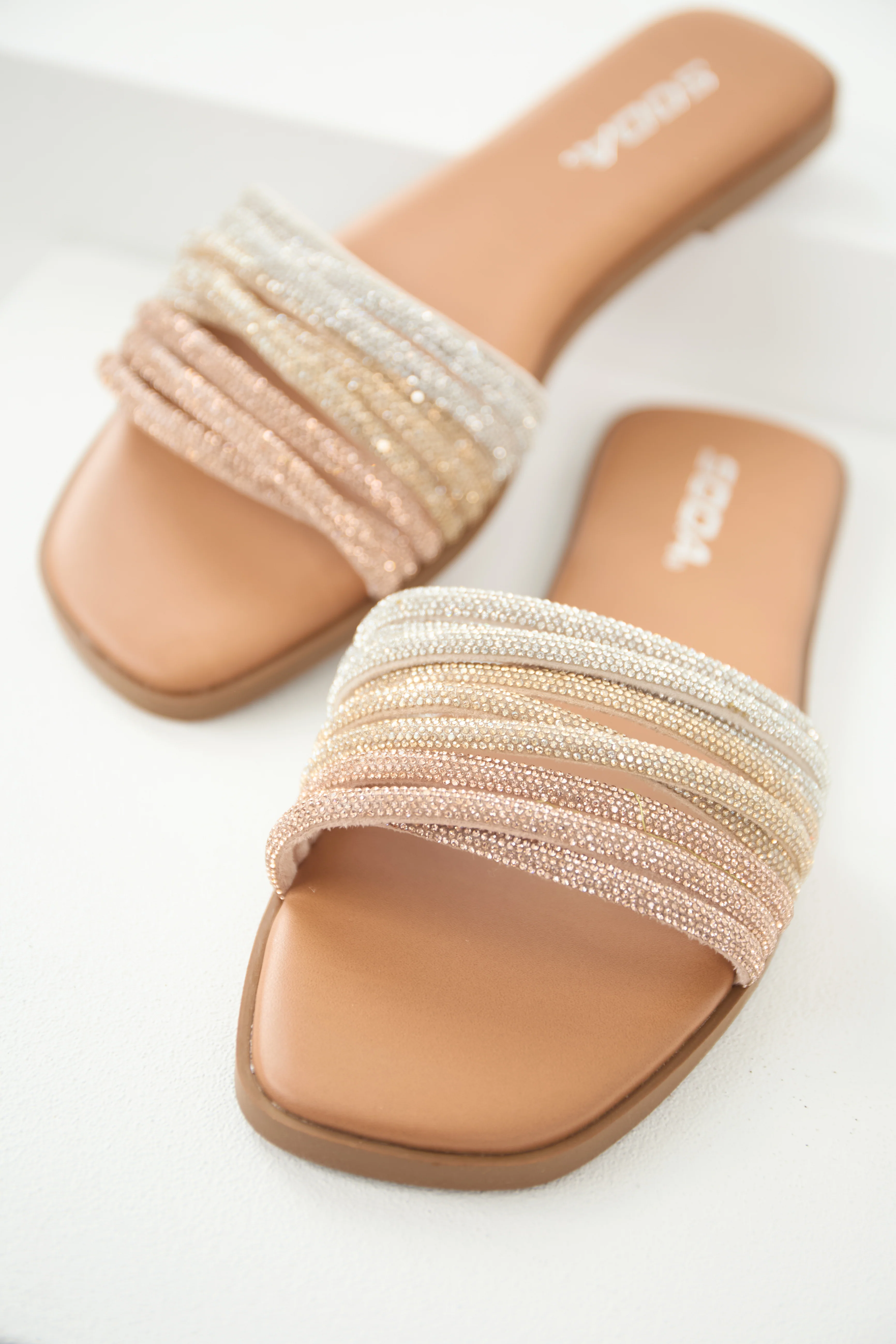 Cognac Rhinestone Open Toed Slip On Sandals - LD SALE