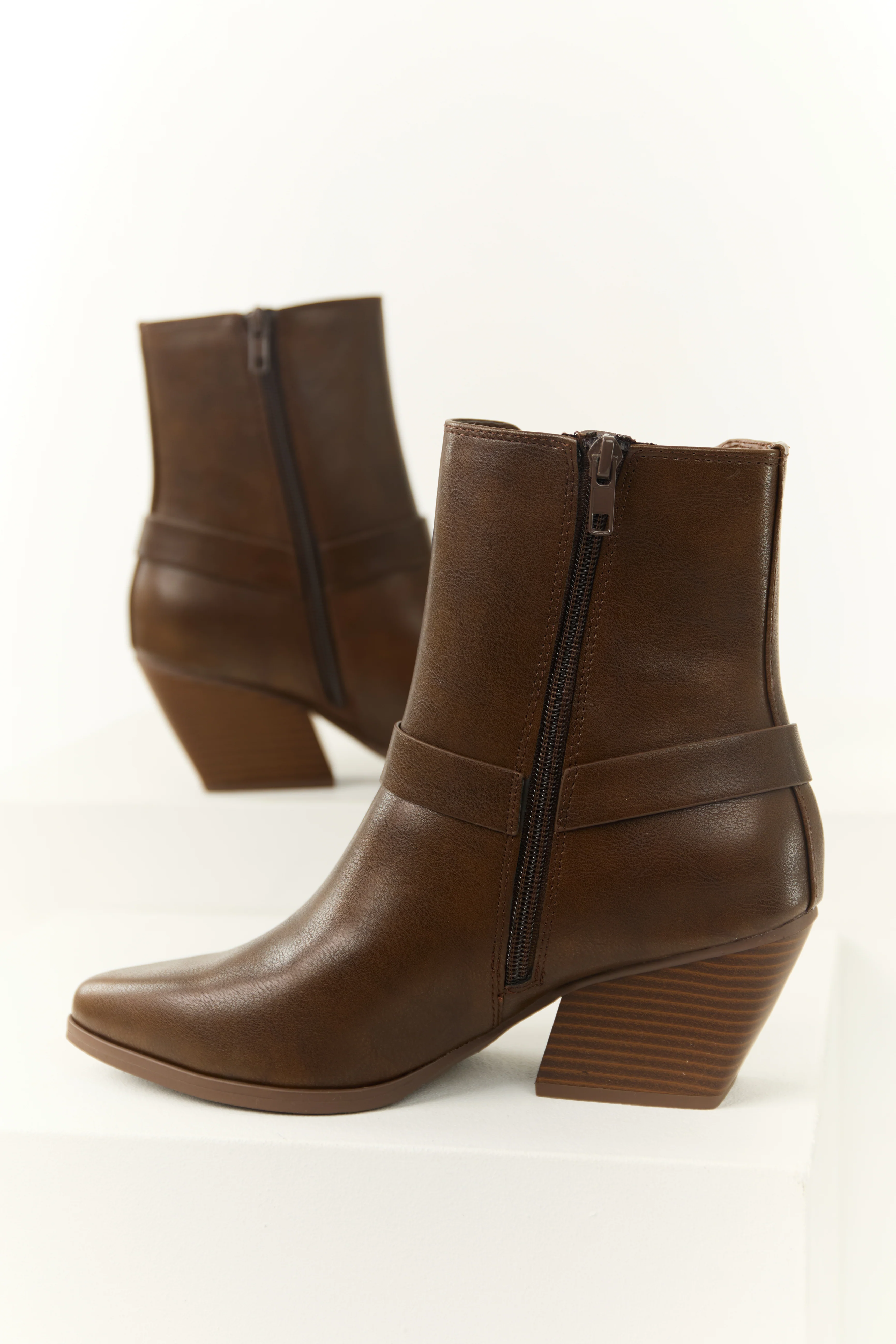 Sepia Faux Leather Buckle Strap Ankle Booties - LD SALE