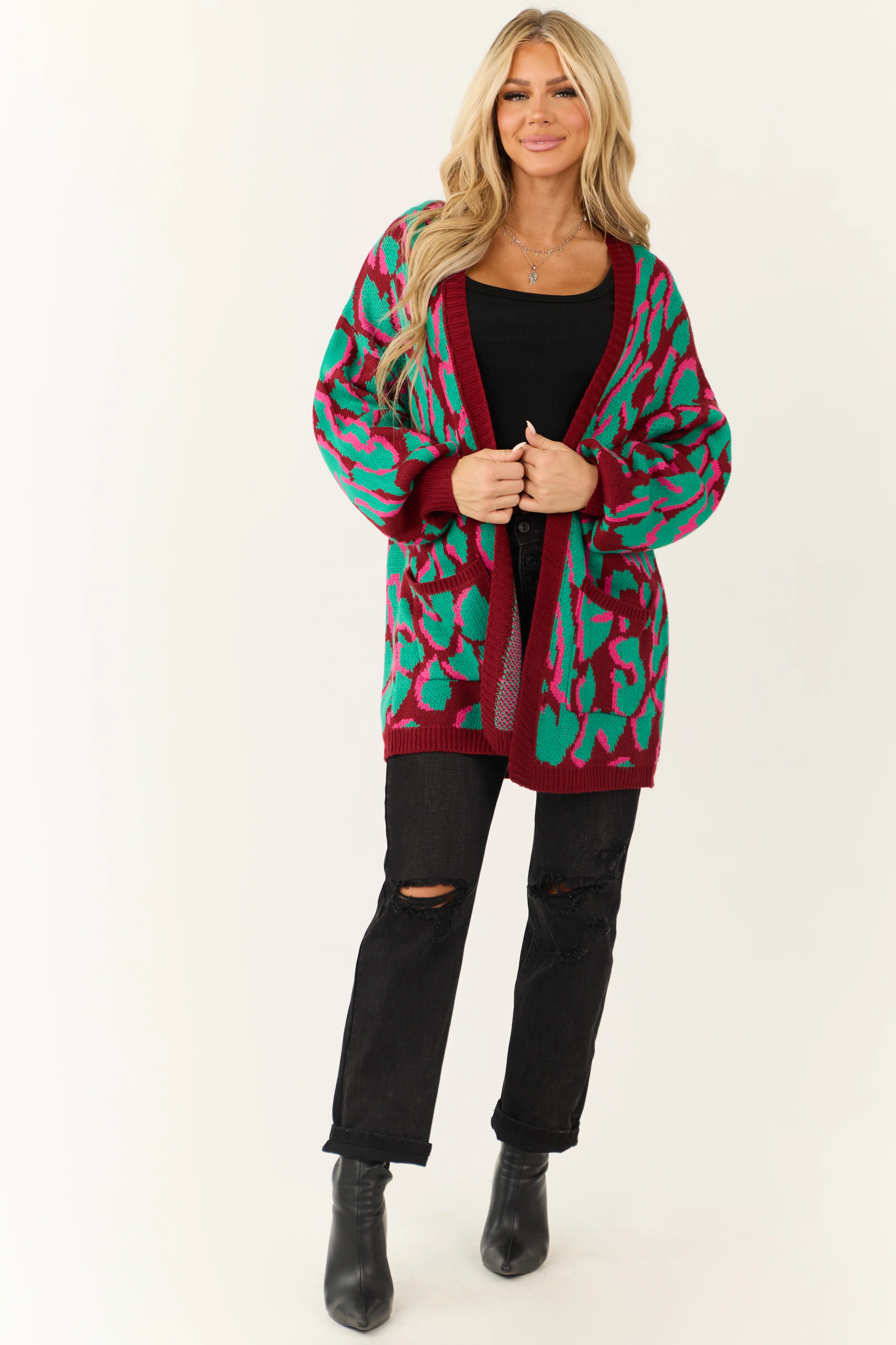 Wine Animal Print Open Front Knit Cardigan - LD SALE
