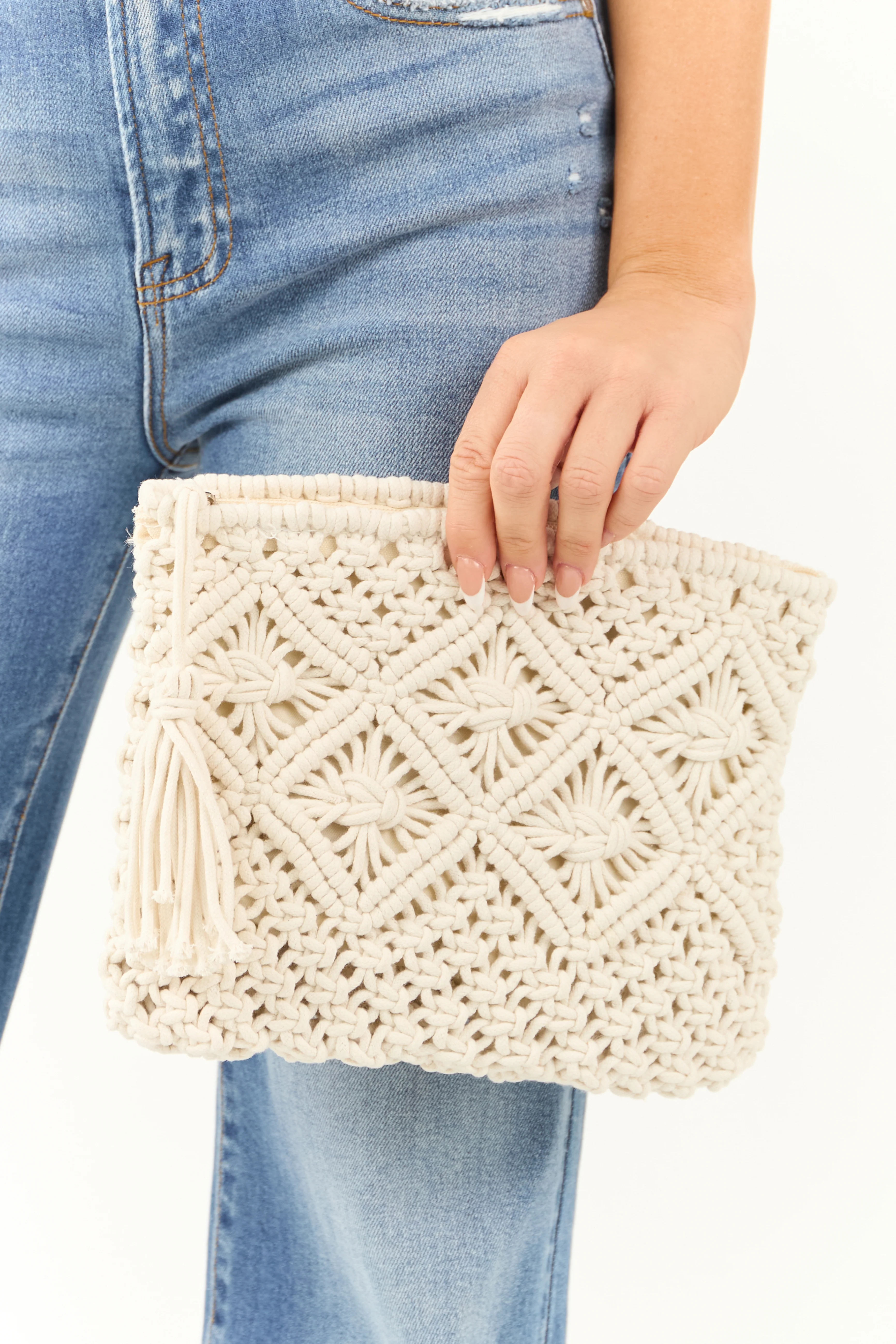 Ivory Crochet Clutch Tassel Purse - LD SALE