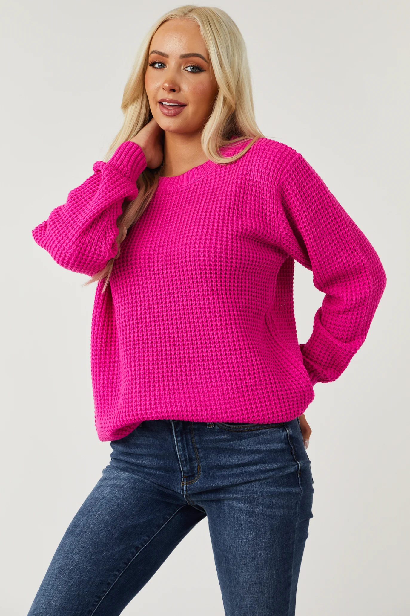 Deep Fuchsia Thick Waffle Knit Curved Hem Sweater - LD SALE