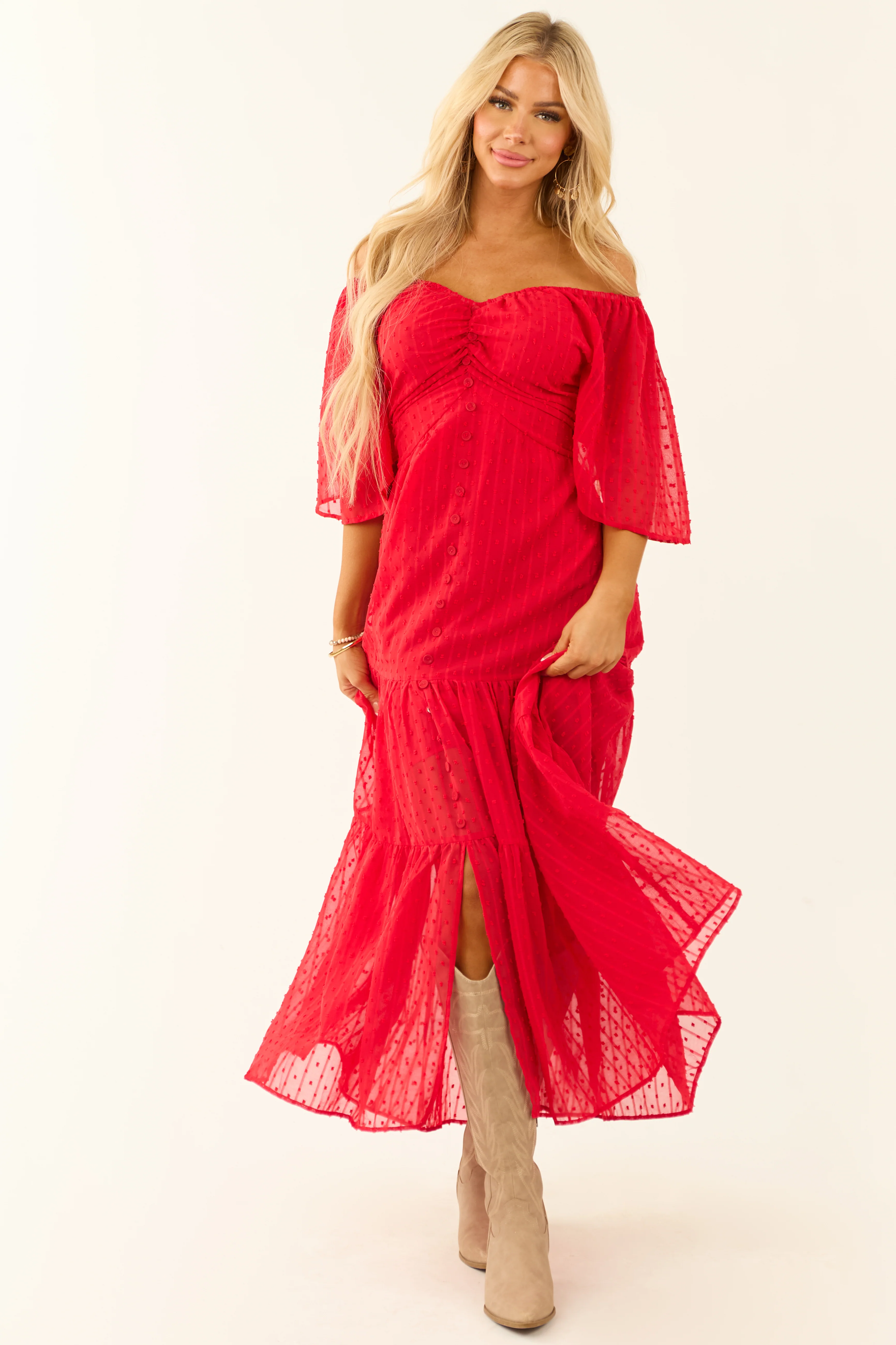 Lipstick Off the Shoulder Swiss Dot Midi Dress - LD SALE