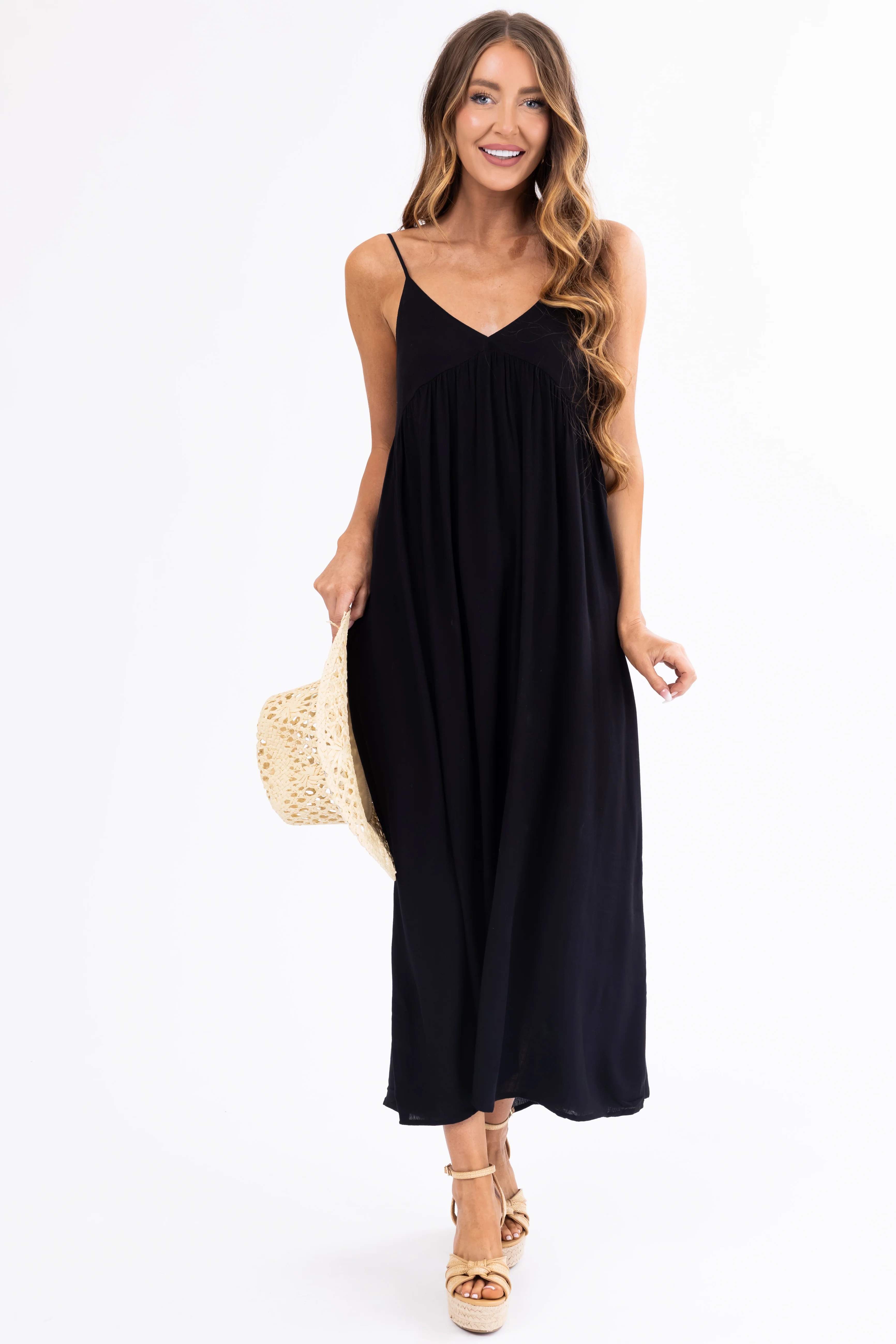 Black Woven Strapless Flowy Midi Dress - LD SALE