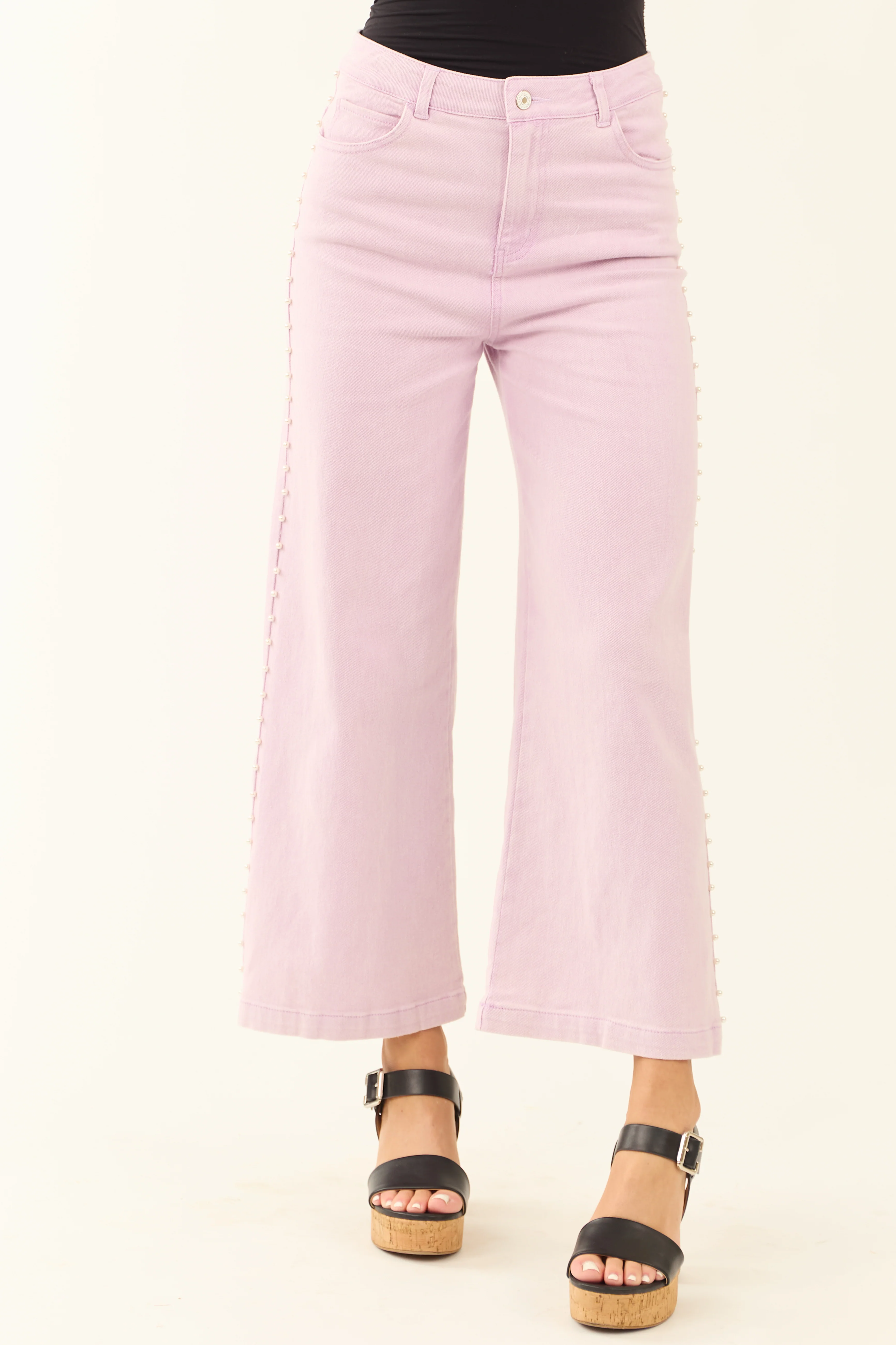 Mauve High Rise Pearl Embellished Wide Leg Jeans - LD SALE