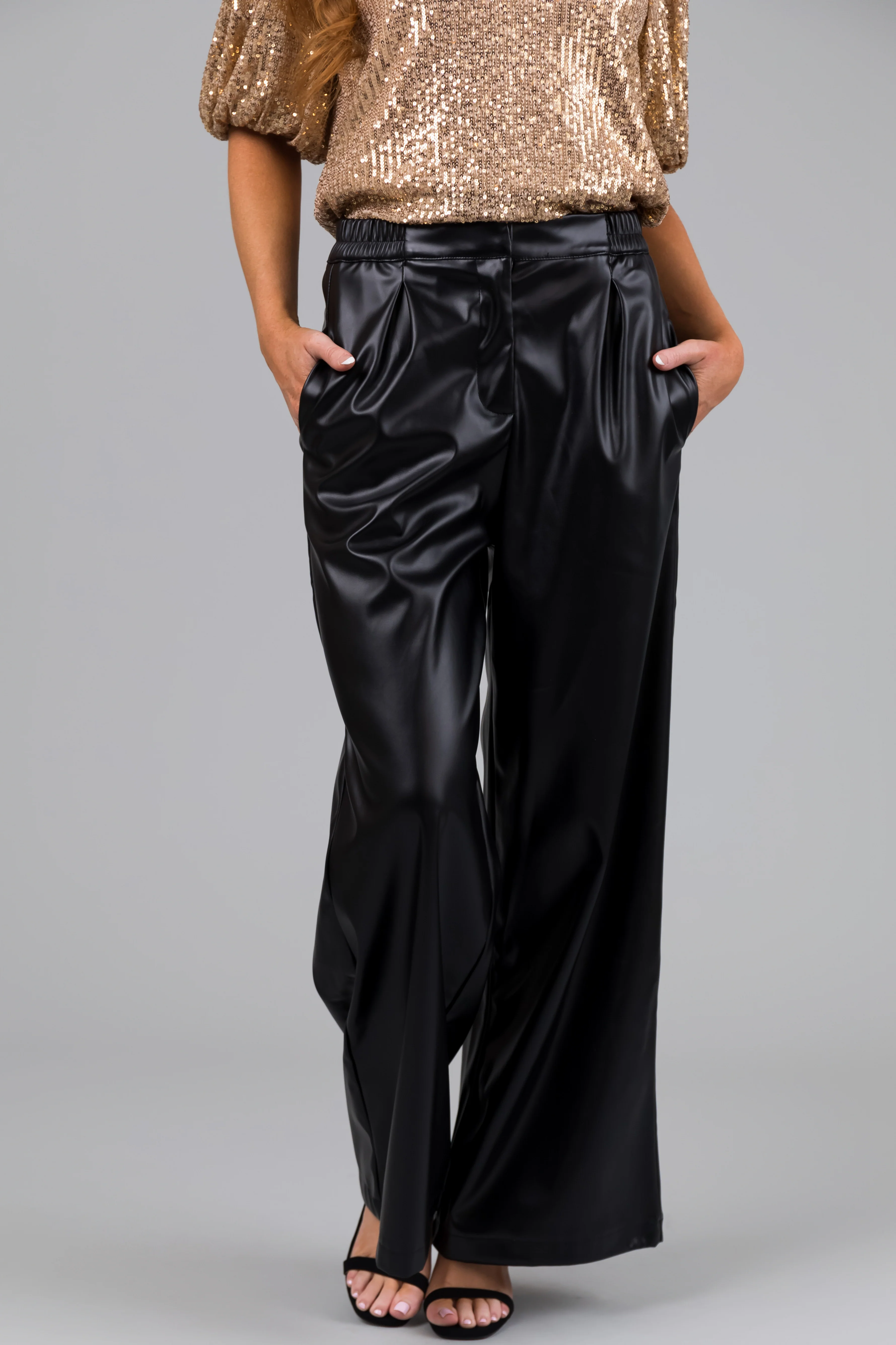 Black Pleather Elastic Waist Wide Leg Pants - LD SALE