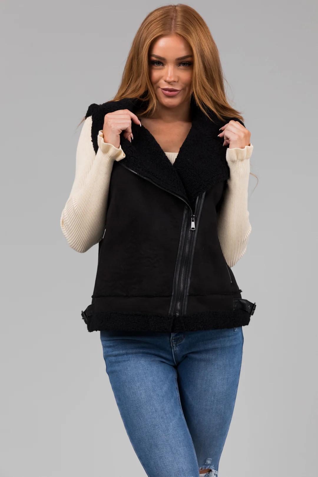 Black Suede and Faux Fur Slant Zipper Vest - LD SALE