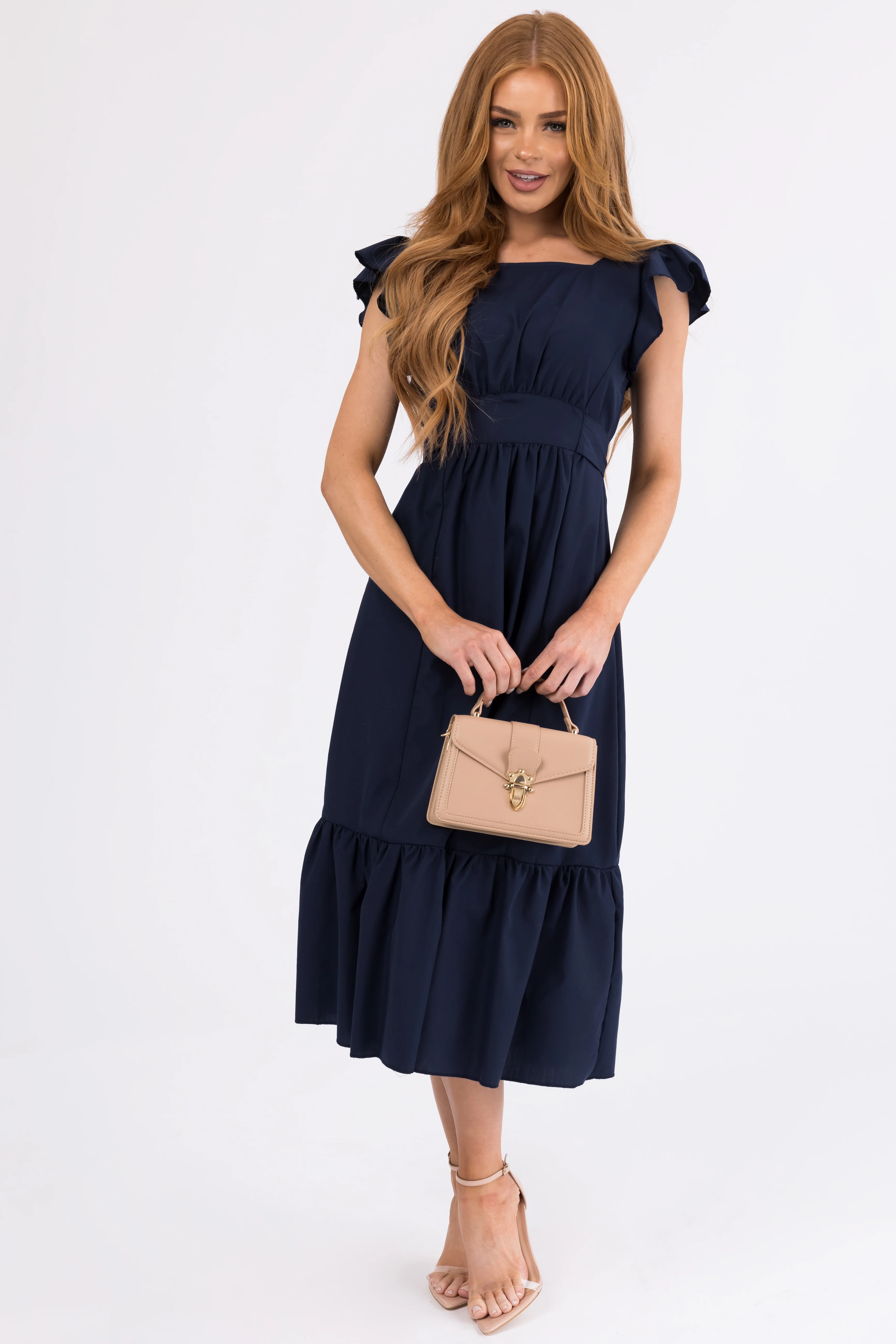 Navy Open Back Ruffle Short Sleeve Midi Dress - LD SALE