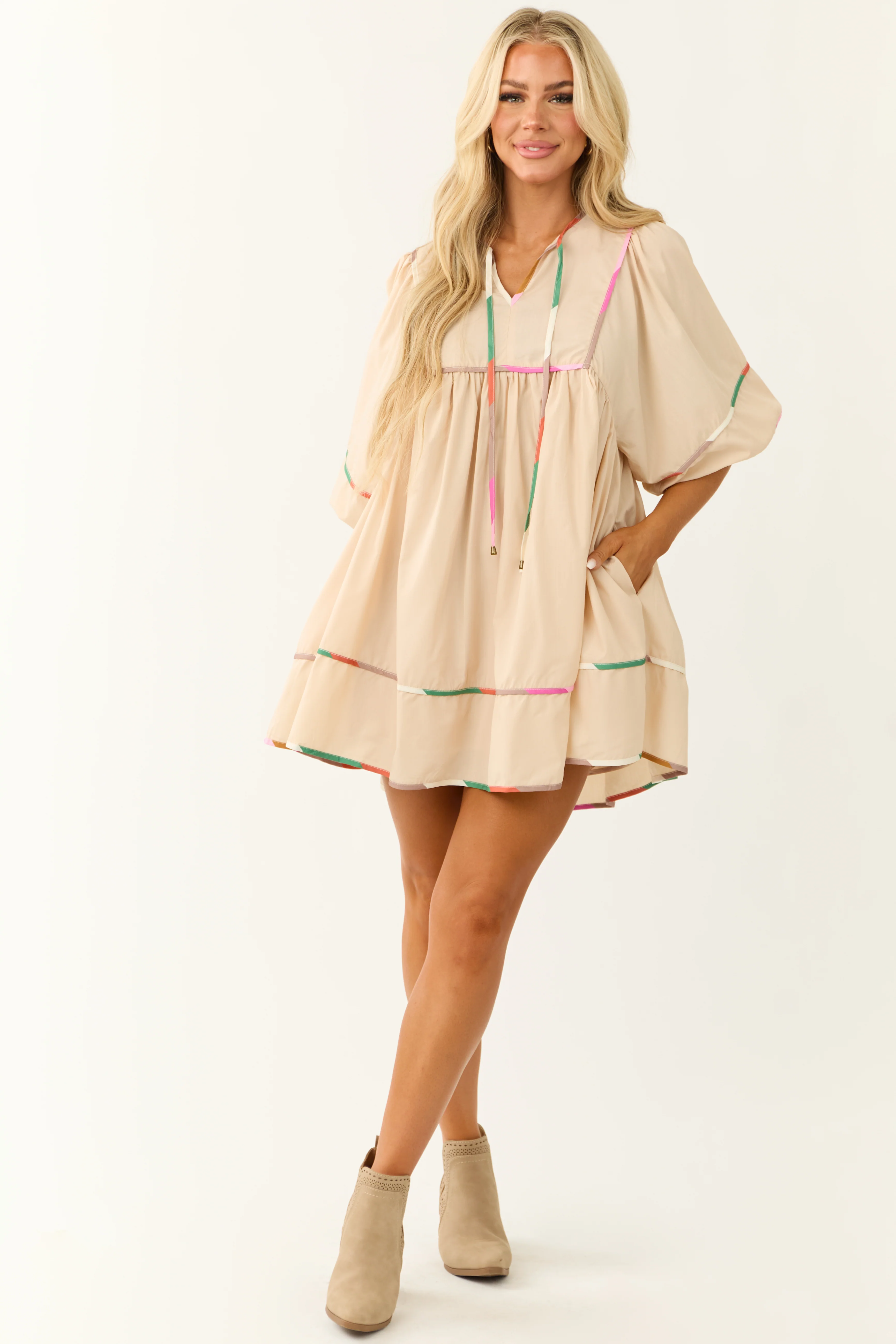 Champagne Neck Tie Short Dress with Colorful Trim - LD SALE