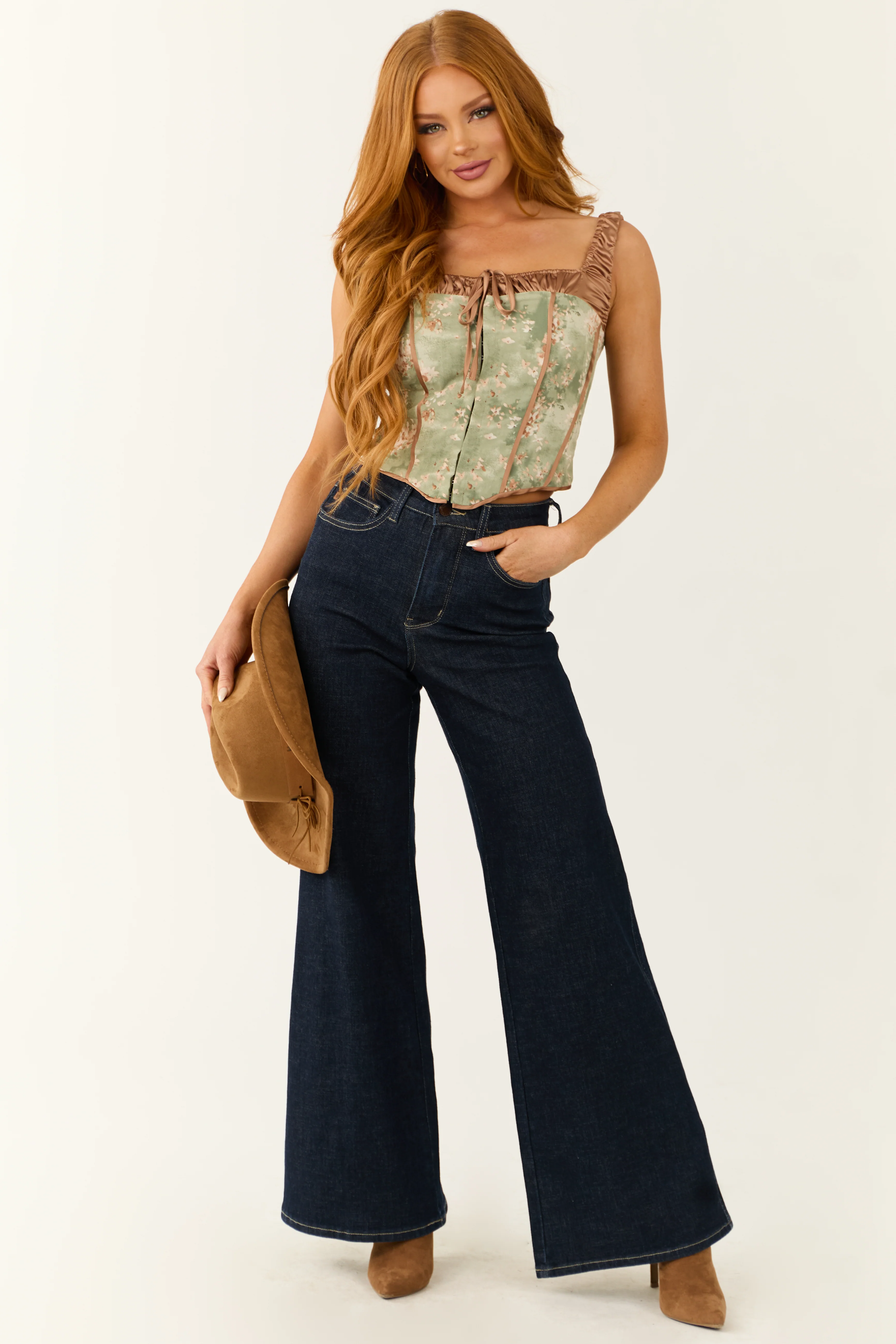 Sage Floral Satin Corset Tank Top - LD SALE