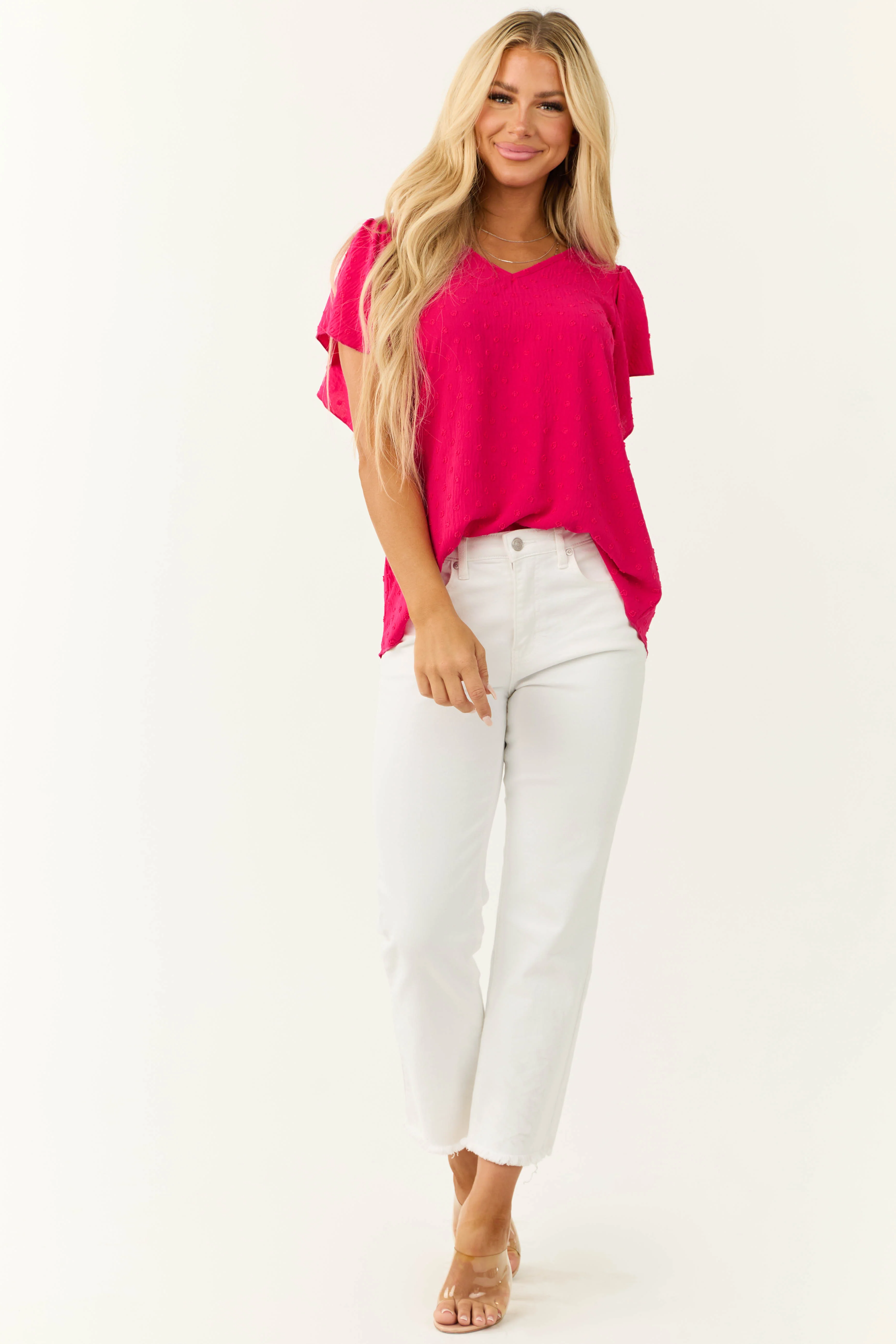 Hot Pink Swiss Dot Tied Back Blouse - LD SALE