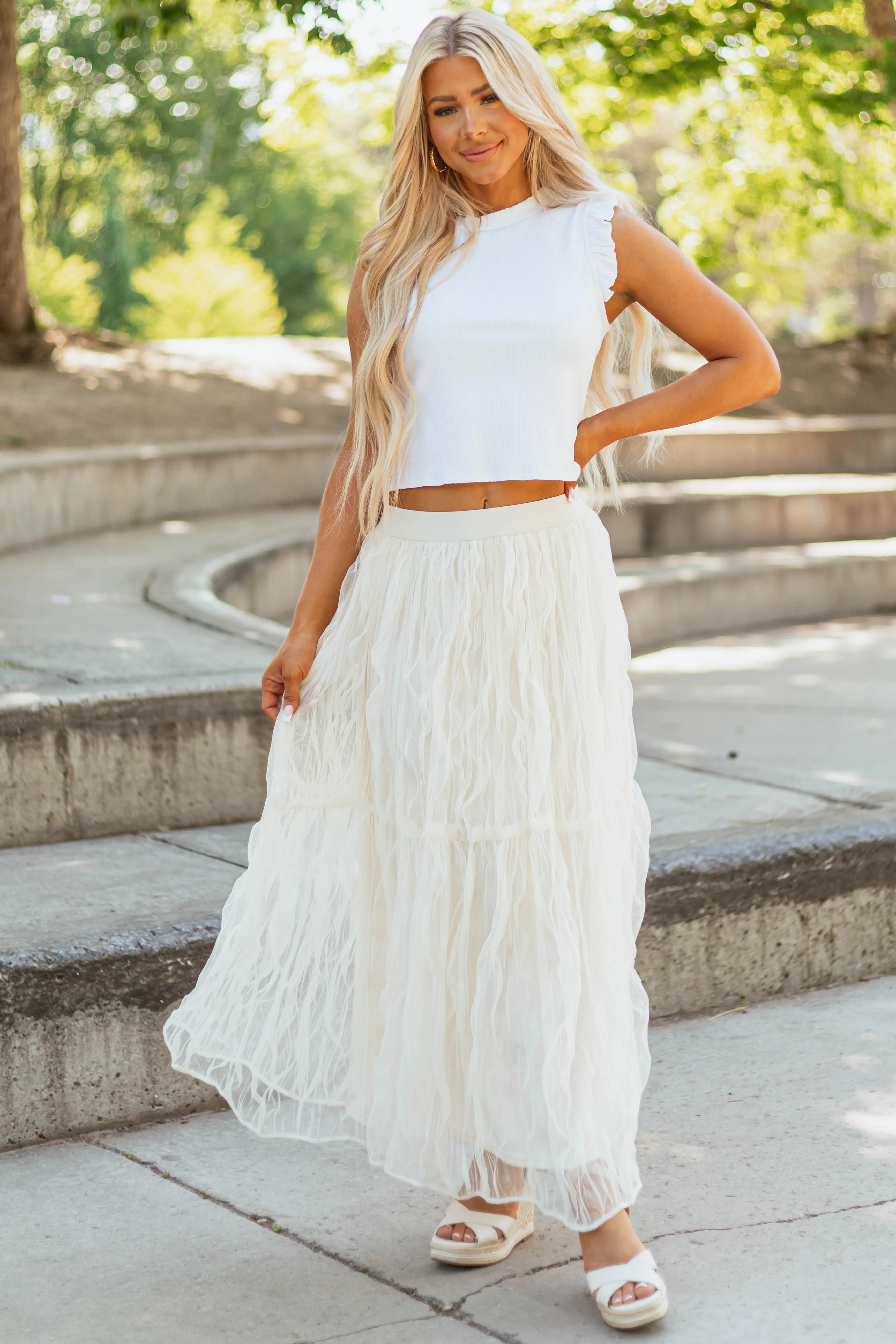 Cream Tulle Plisse Maxi Skirt - LD SALE