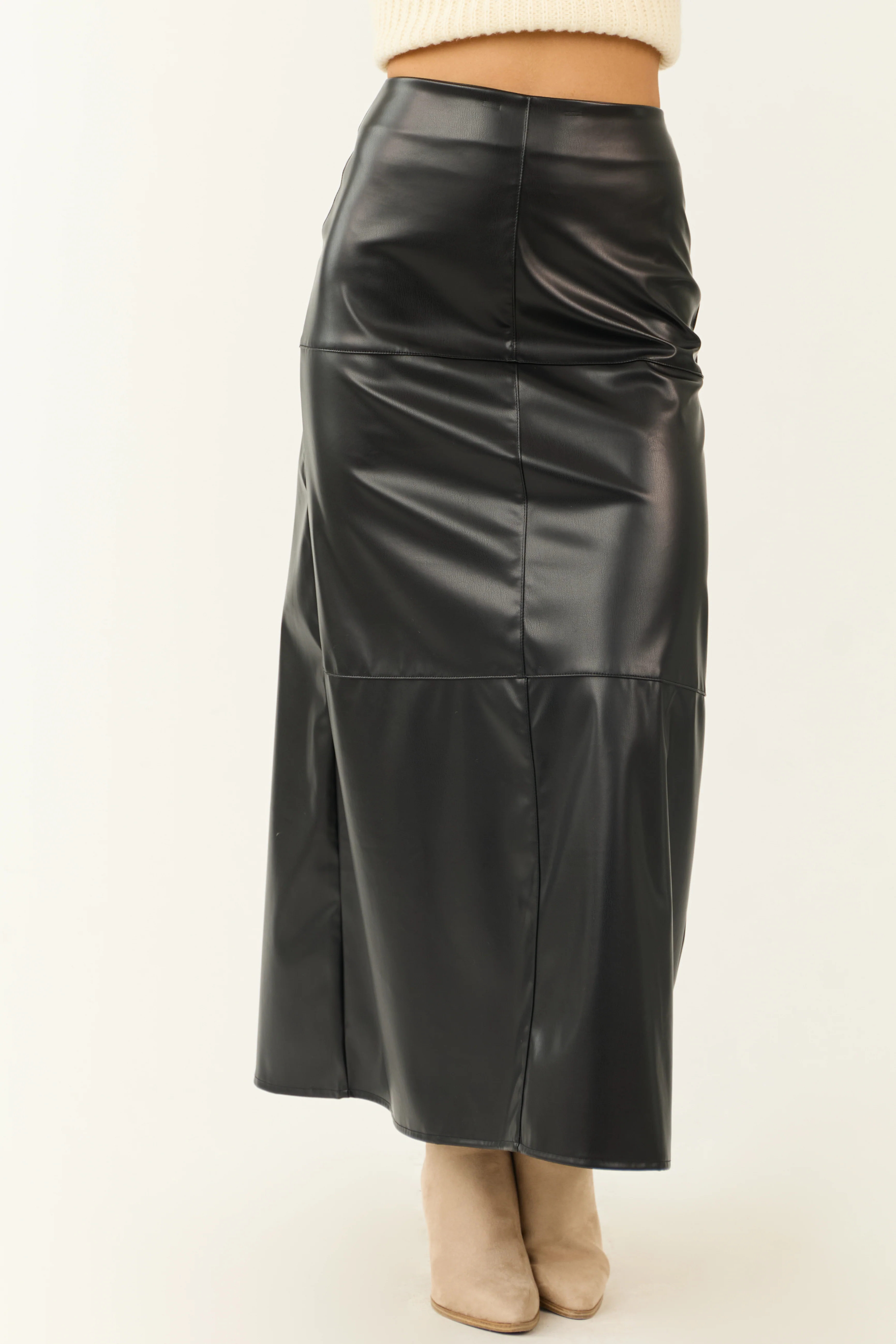 Black Faux Leather Slit Maxi Skirt - LD SALE