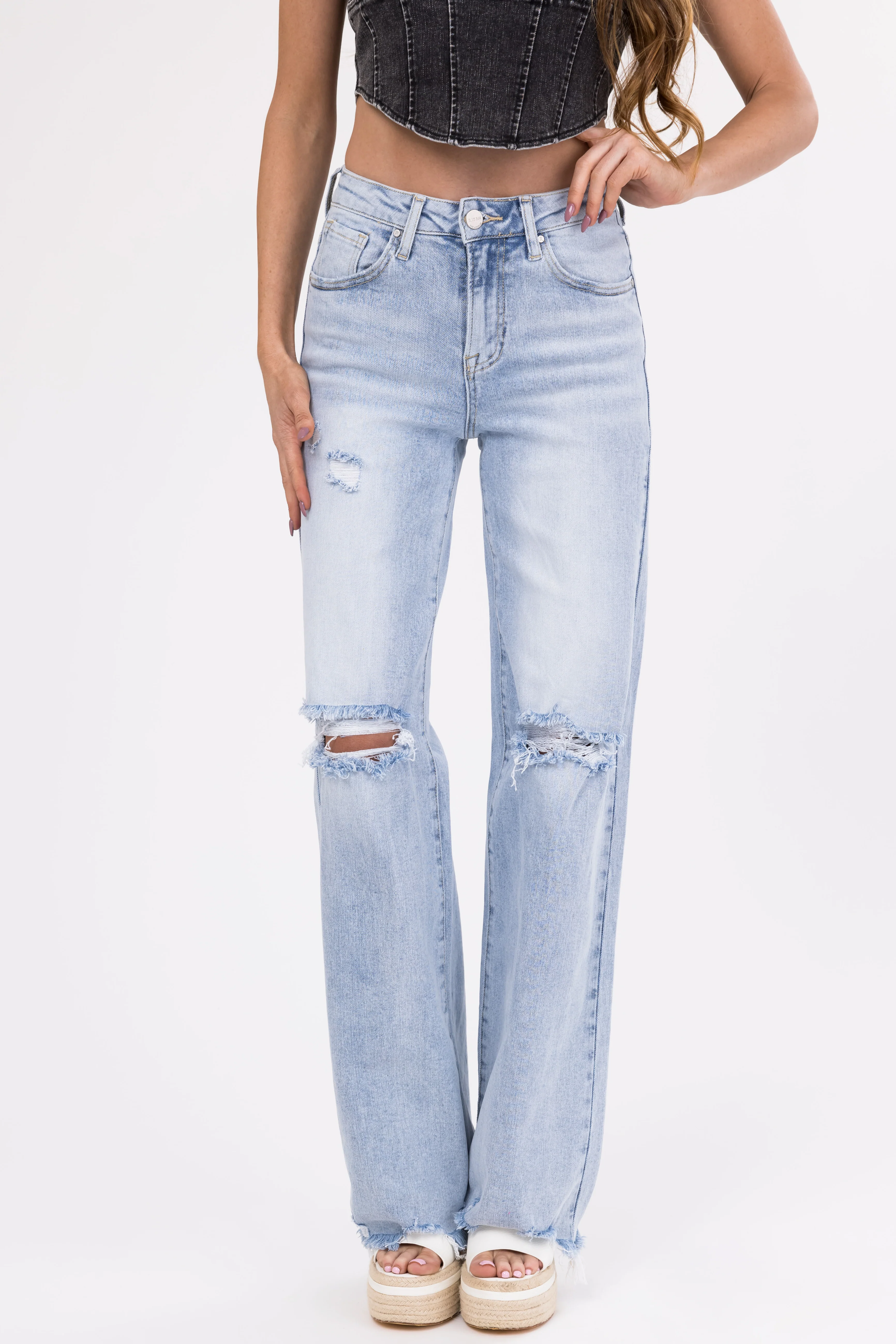 Risen Light Wash Wide Leg Ripped Jeans - LD SALE