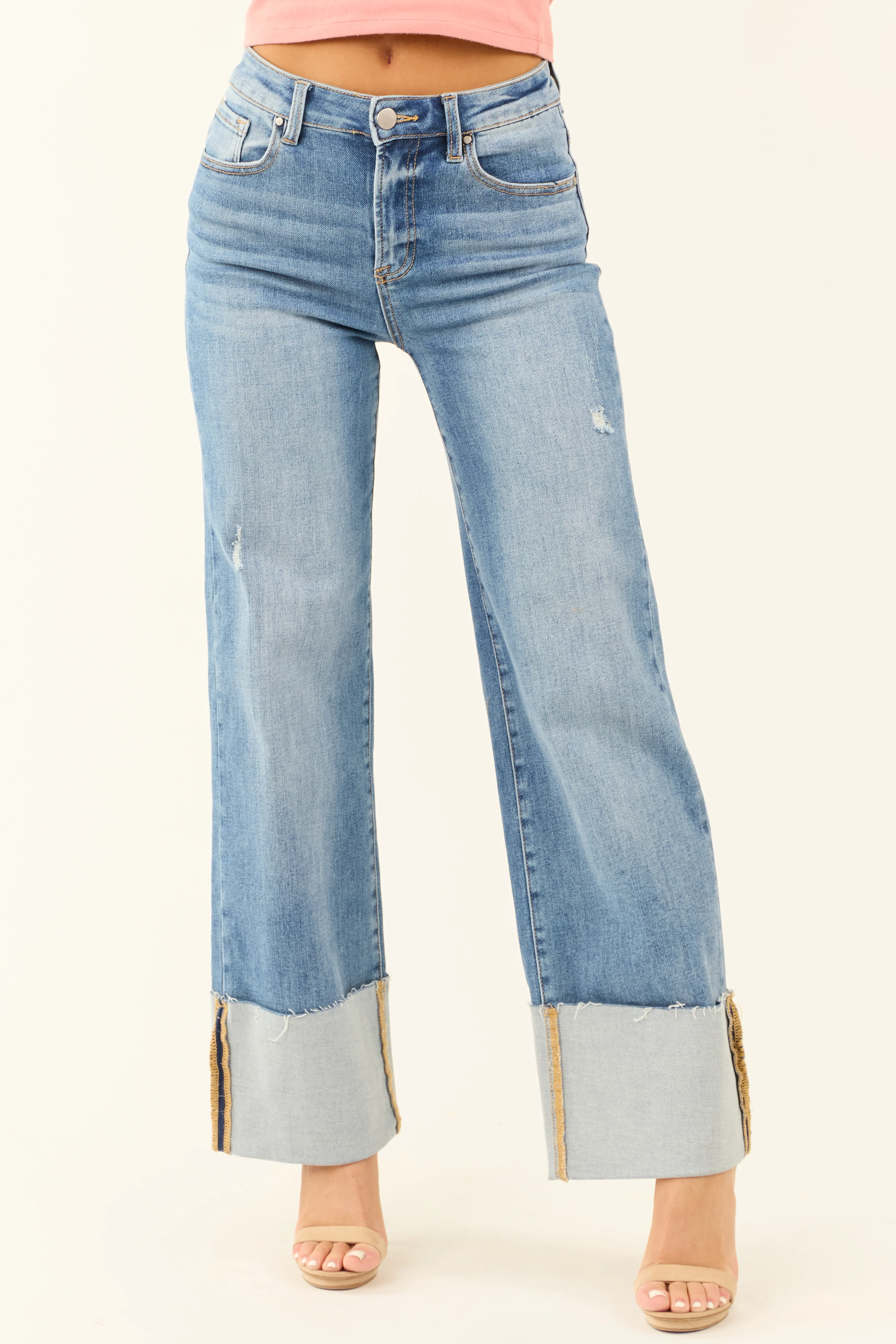 Risen Medium Wash Stretchy Cuffed Wide Jeans - LD SALE