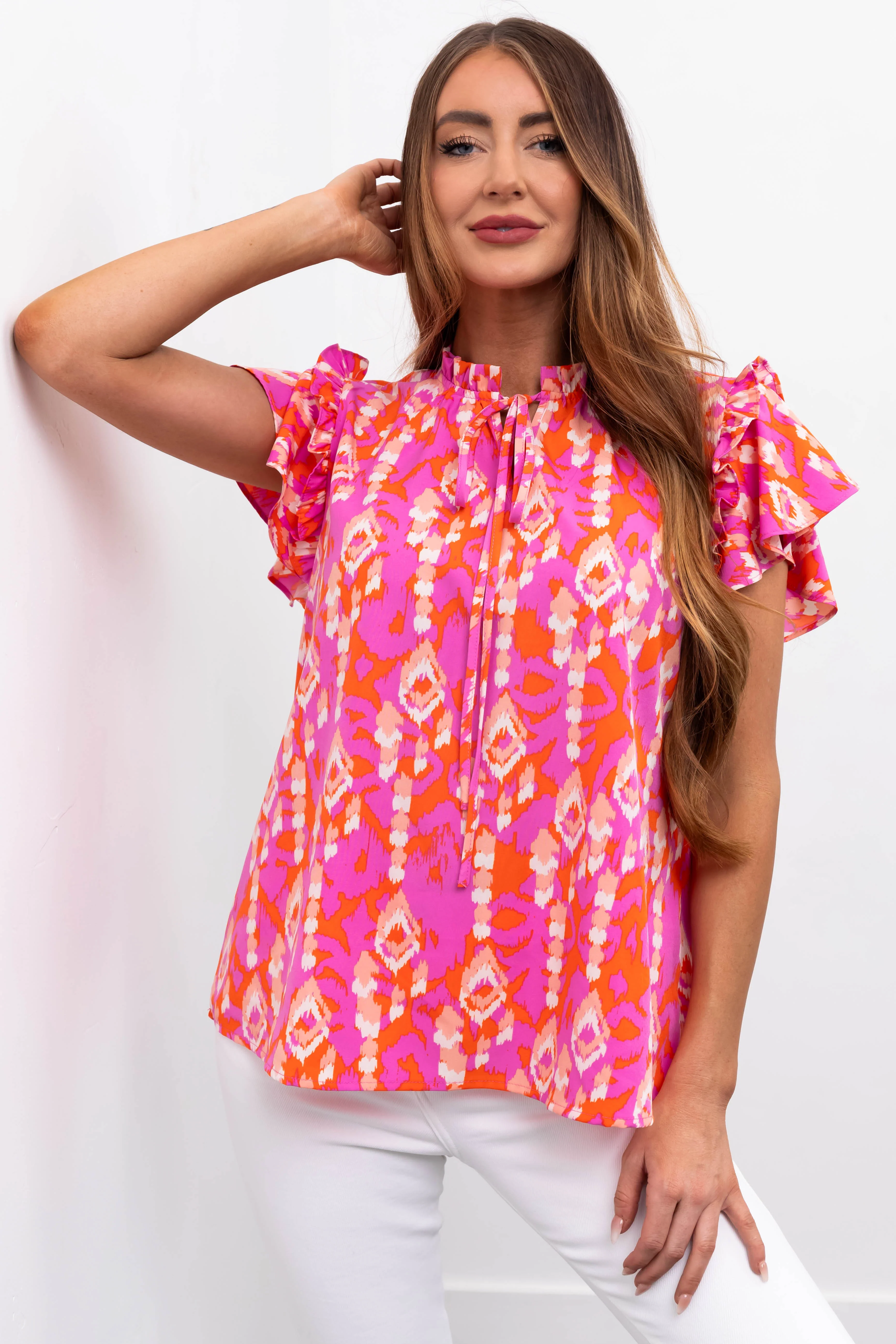 Sunset and Iris Printed Ruffle Sleeve Blouse - LD SALE